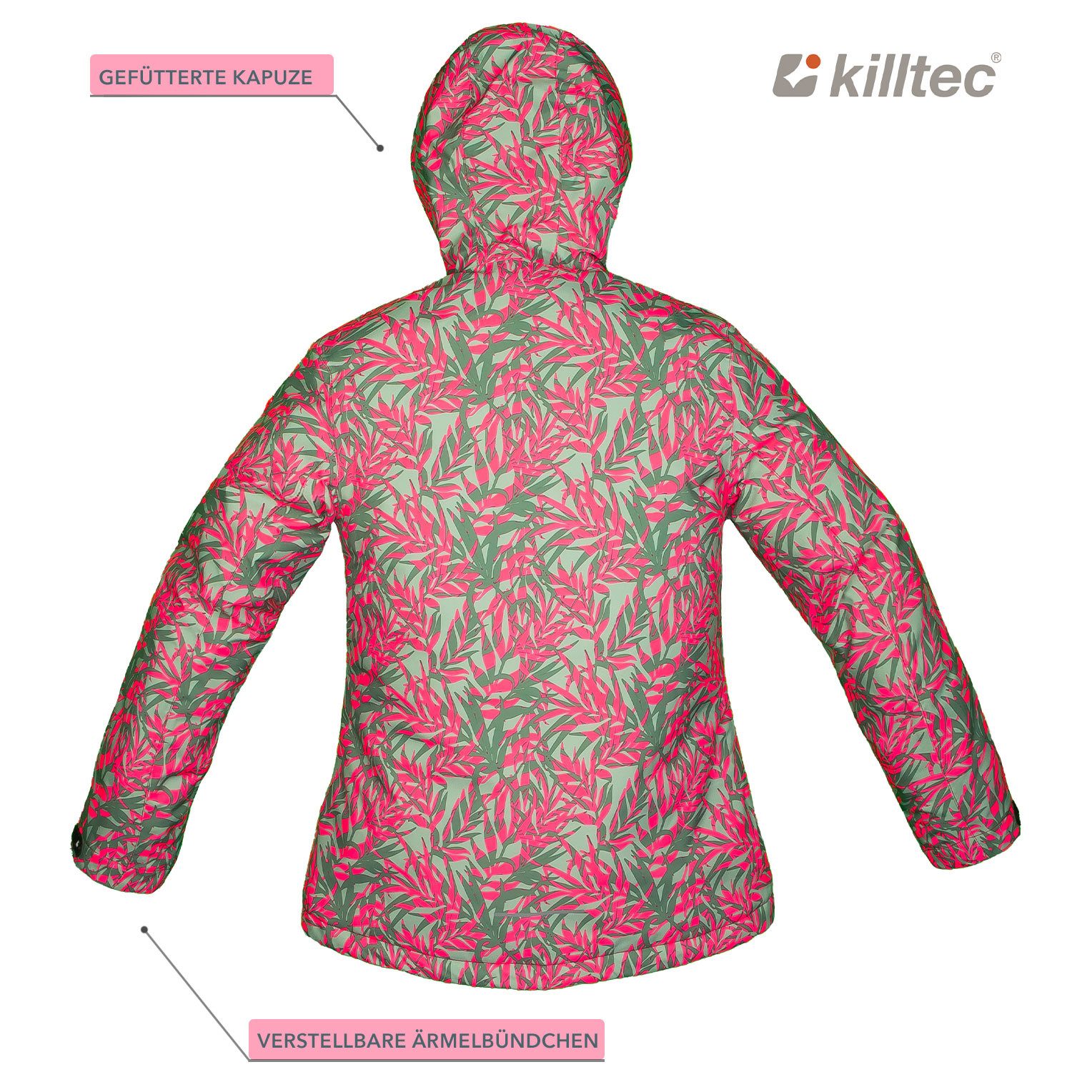 Killtec Skianzug Mädchen Skijacke hellgrün pink gemustert + Skihose hellgrün, verschweißte Nähte