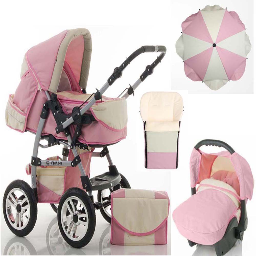 babies-on-wheels Kombi-Kinderwagen 5 in 1 Kinderwagen-Set Flash inkl. Autositz - 17 Teile - in 18 Farben Rosa-Creme