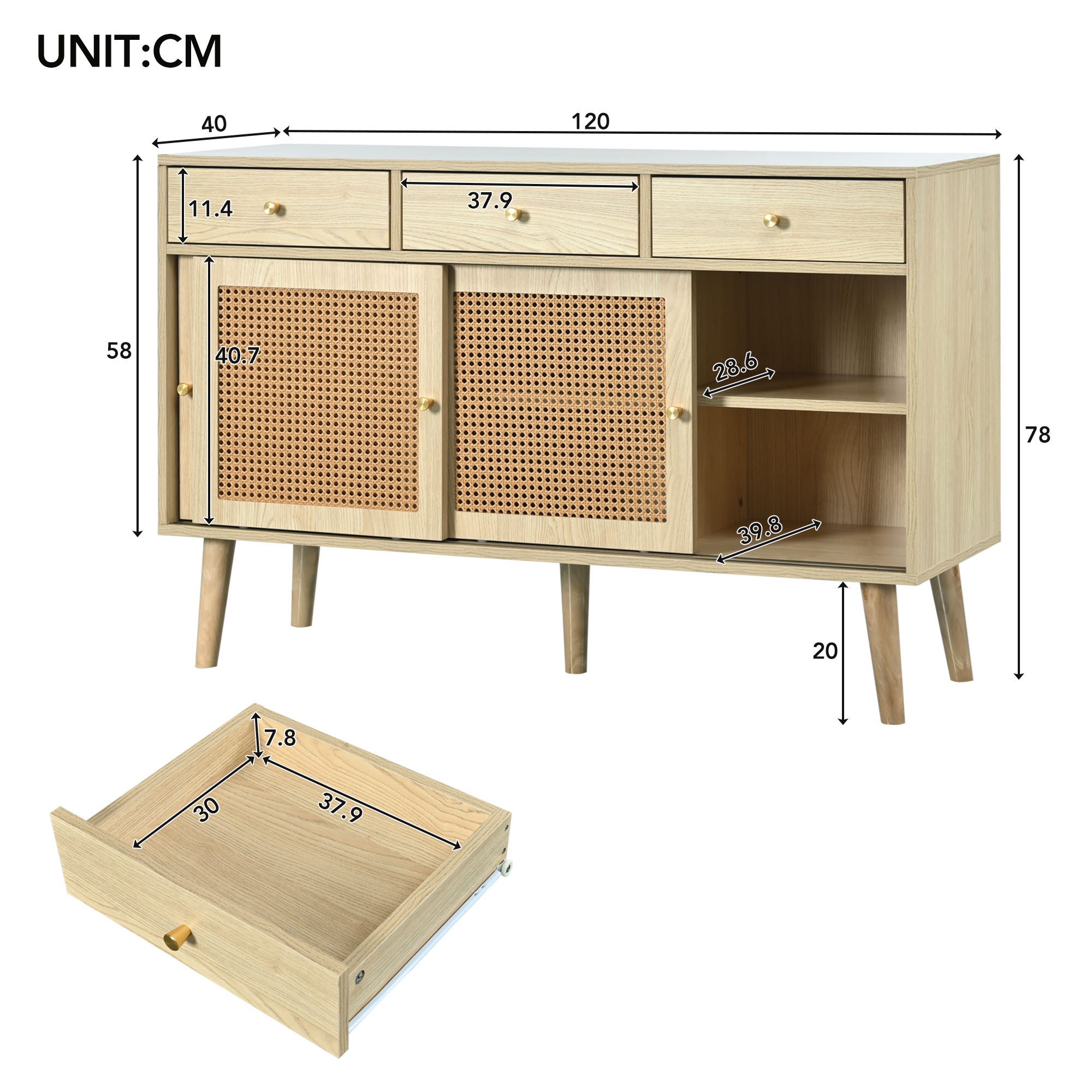 Celya Sideboard Kommode mit 3 Schubladen und 3 Schiebetüren, Rattangeflecht günstig online kaufen