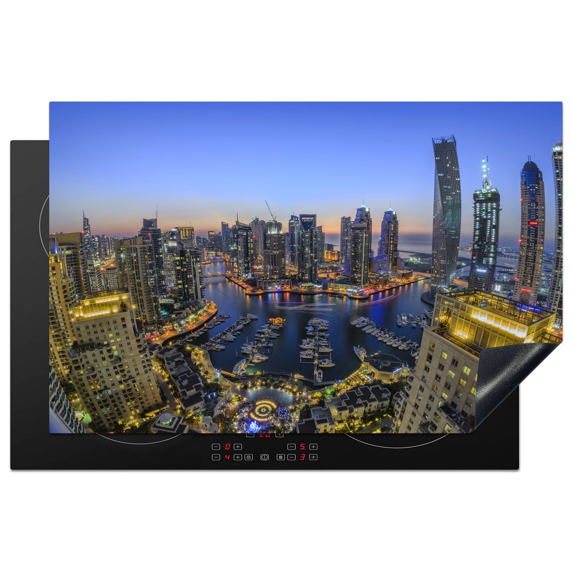 MuchoWow Herdblende-/Abdeckplatte Die Skyline der Dubai Marina in der Abenddämmerung, Vinyl, (1 tlg), 81x52 cm, Induktionskochfeld Schutz für die küche, Ceranfeldabdeckung