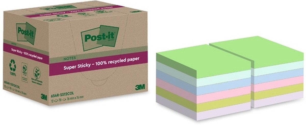 Haftnotizblock Haftnotiz Super Sticky Recycling Notes 76x76mm 70 Blatt sortiert VE=1.