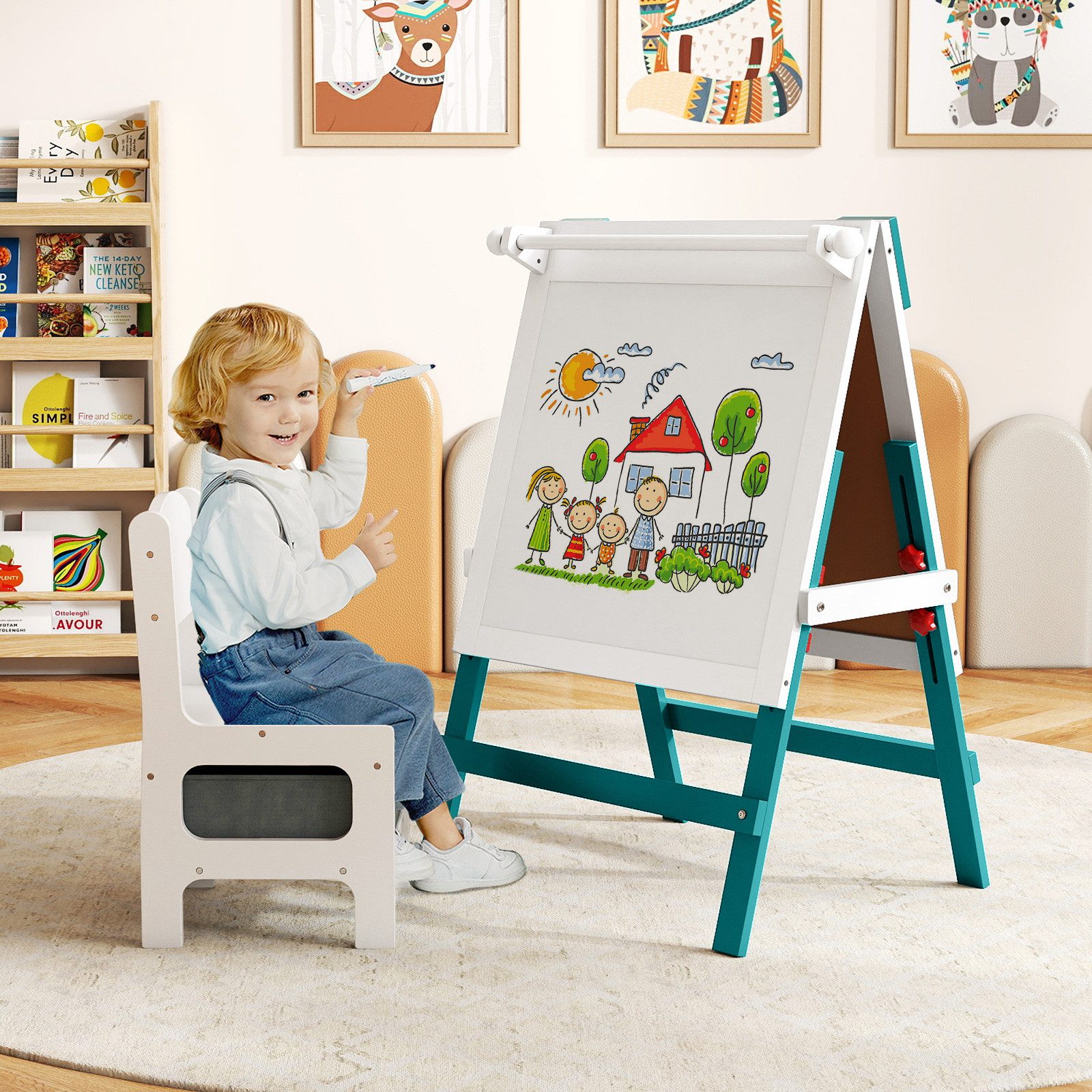 COSTWAY Standtafel, Höhenverstellbare Kinder Doppelseitige Staffelei mit Stuhl