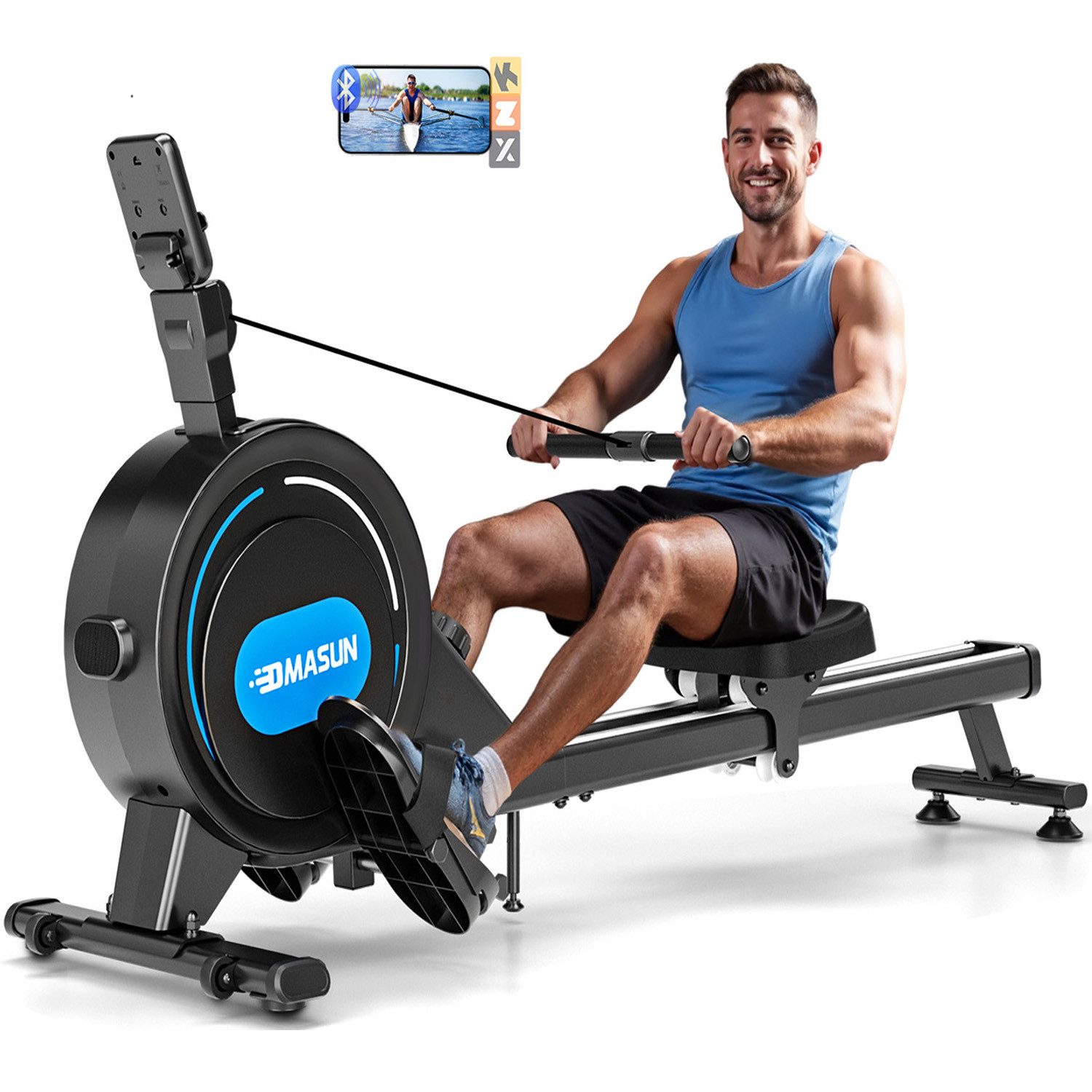 DMASUN Rudergerät Elektromagnetisches Rudergerät mit 16/32 Stufen & 160 kg Belastbarkeit (1-tlg., mit APP, einfacher Aufbau), mit LCD-Display, leises Rudergerät, Upgrade Doppel-Slide-Rails