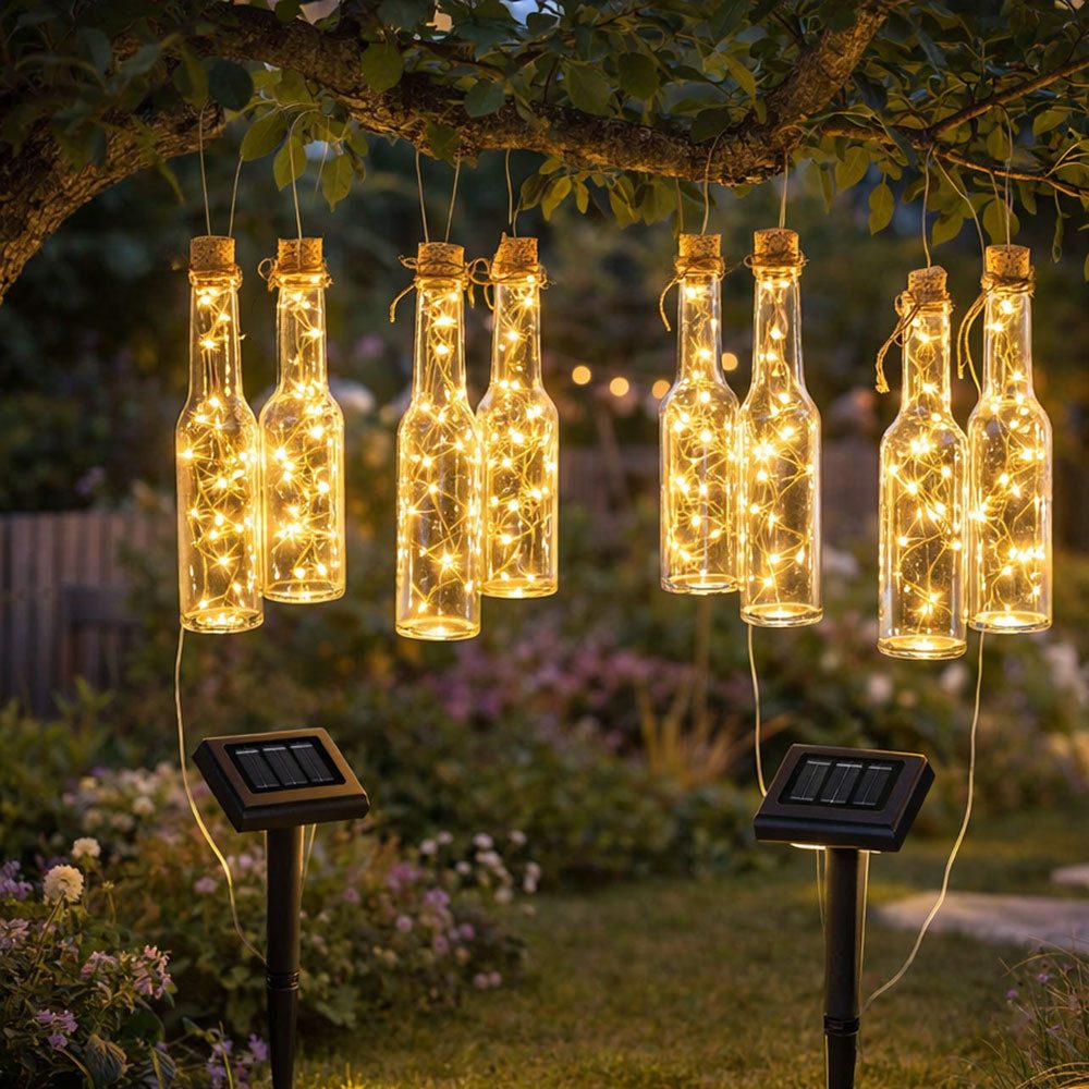 Haushalt International LED Dekolicht, LED-Leuchtmittel fest verbaut, Warmweiß, Außenlampe LED Solarleuchte Lichterkette Glas Flasche 8-flammig Deko