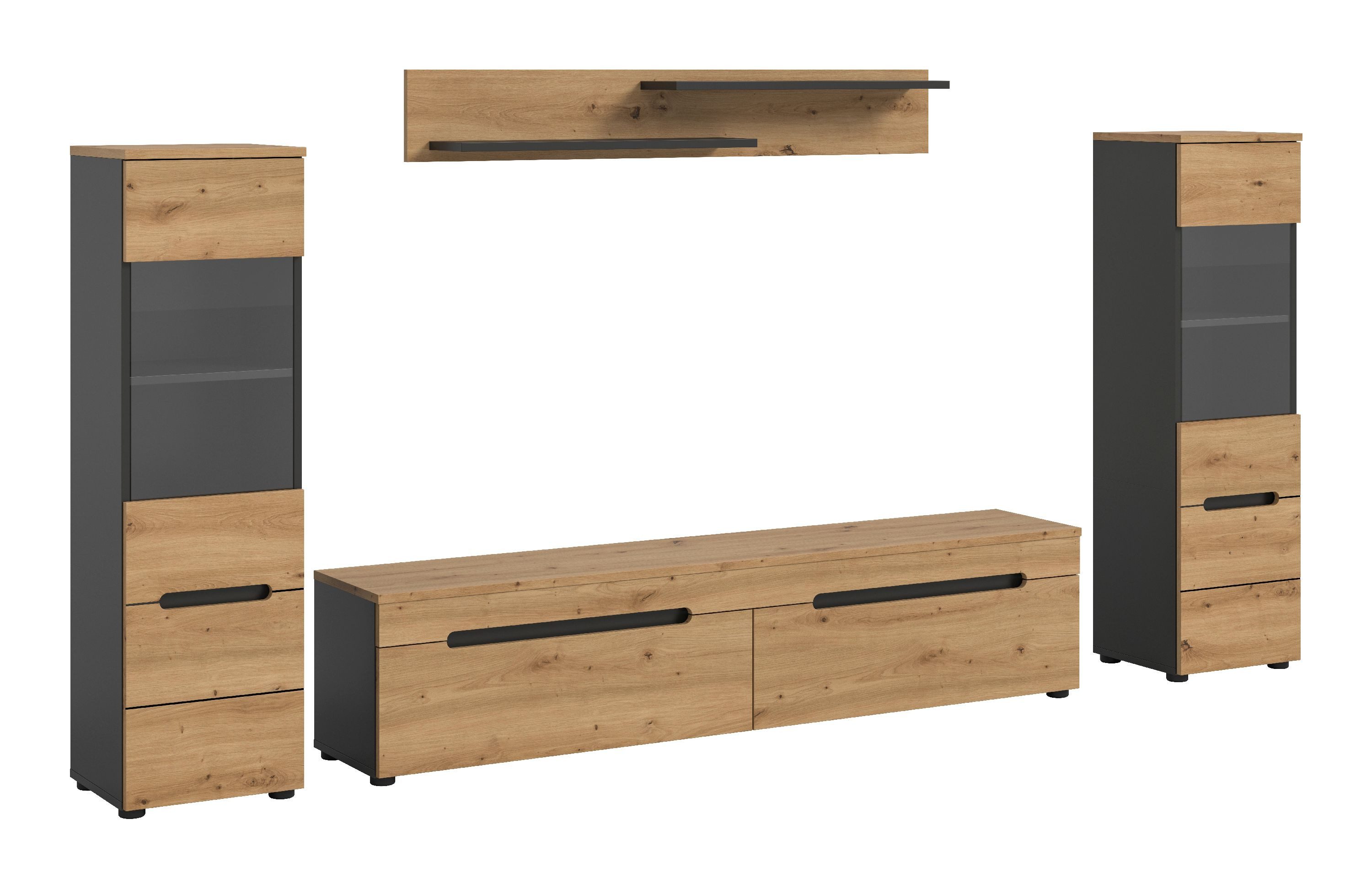 xonox.home Wohnwand, (4tlg. Set inkl. Vitrine, Lowboard, Wandboard), Basalt grau Melamin beschichtet modern 272x141x33 cm
