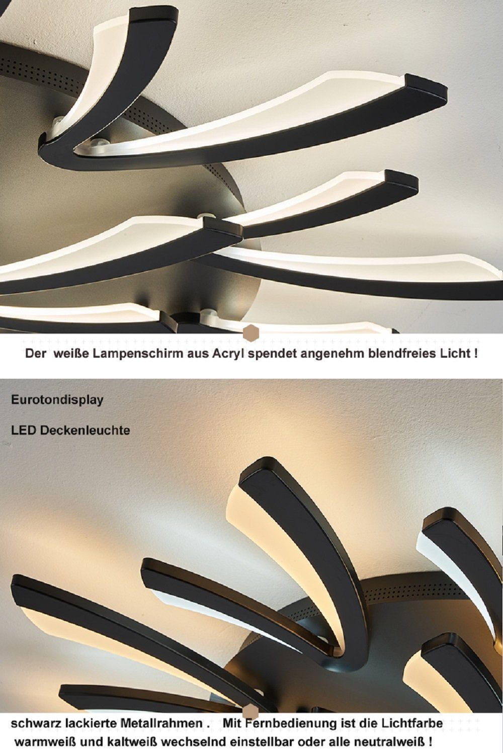 Euroton LED Deckenleuchte LED Deckenleuchte fest LED einstellbar schwarz XW62 integriert, Lichtfarbe mit mit kaltweiß-warmweiß, Fernbedienung kaltweiß, 7000k-3000k warmweiß stufenlos Fernbedienung