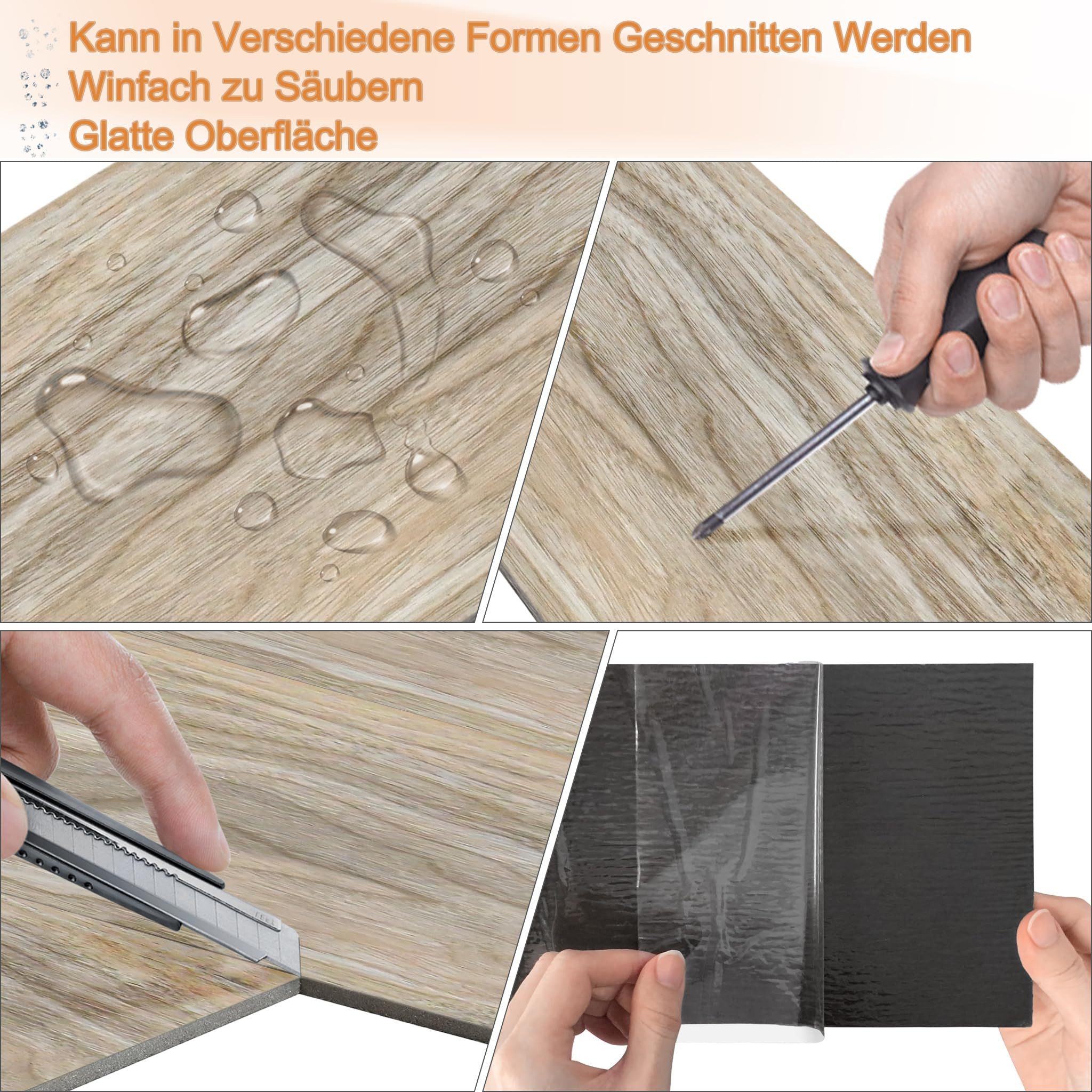 FIVMEN Vinylboden PVC Bodenbelag Selbstklebend, Holzmaserung Dielen, Bodenfliesen, 18/36 Stück, 2.51/5.2 m² Schneidbar Fliesen für Schlafzimmer, Küche