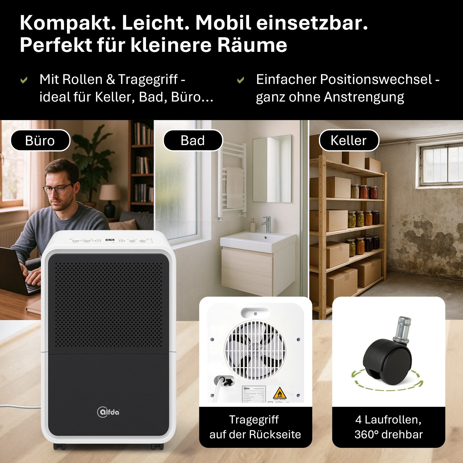 alfda Luftentfeuchter AEF1200, für 62 m³ Räume, Entfeuchtung 12,00 l/Tag, Tank 2,50 l, Automatikprogramm, bis 25 m², Drainageanschluss, gegen Feuchtigkeit