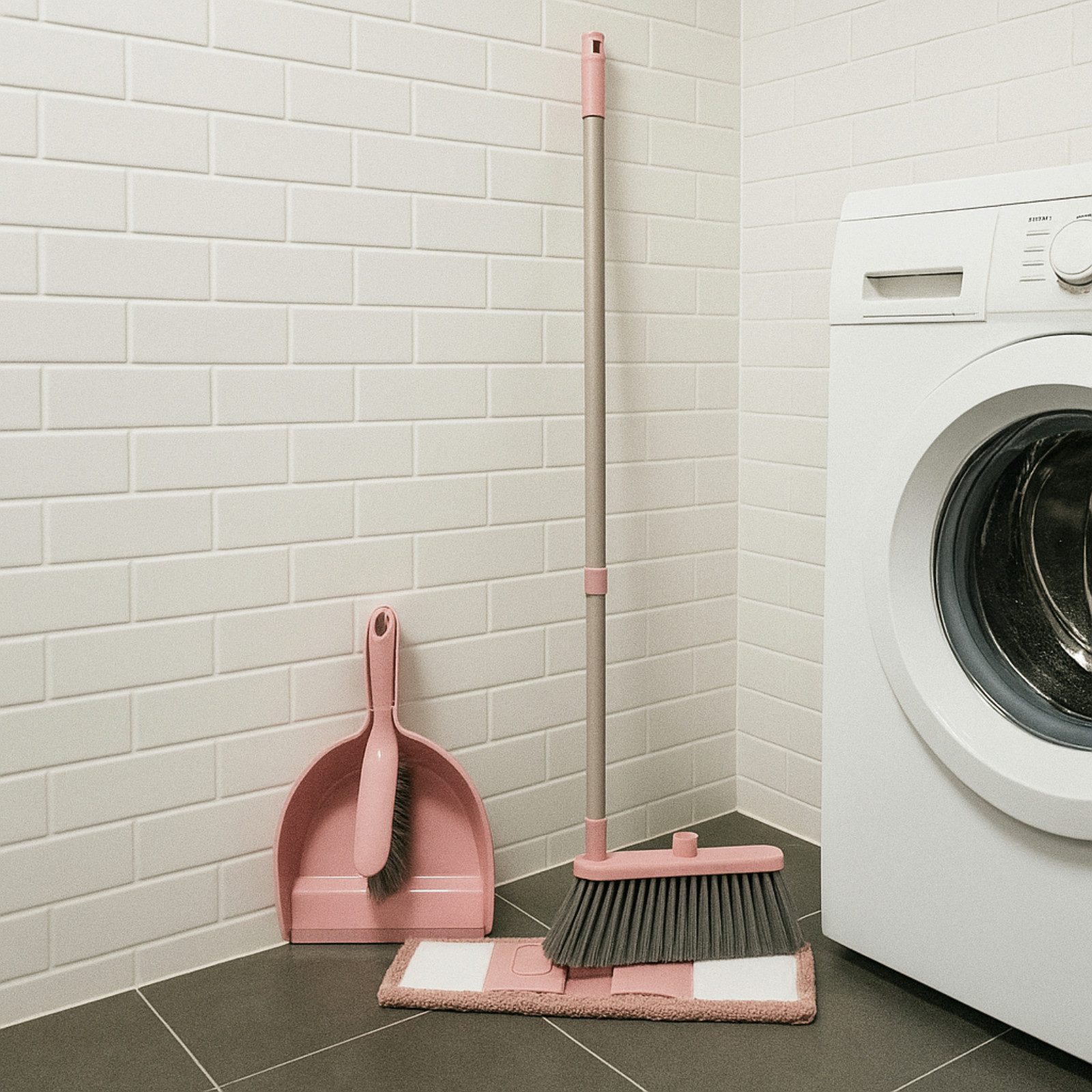 Koopman Bodenwischer-Set Bodenreiniger Handschaufel Handbesen Set Kunststoff 5tlg, (Set, 5-St., Packung), Rosa, Teleskopspiel, Kunststoff, ausziehbar 58-124cm, Besen
