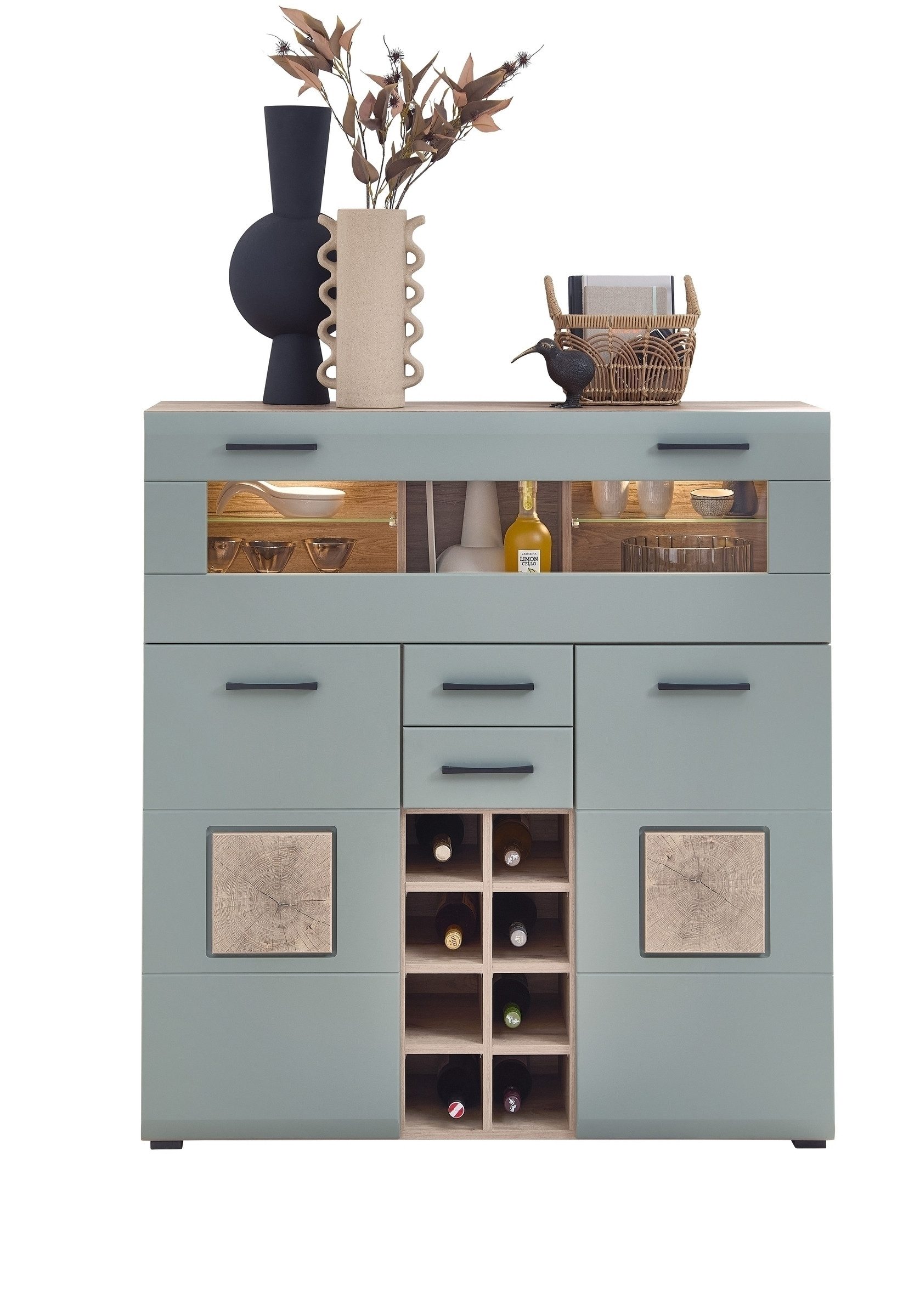 freiraum Barschrank Kathlin Barfach, Stauraum, LED, schilfgrün / Eiche Dekor - 120x129x37 (BxHxT)