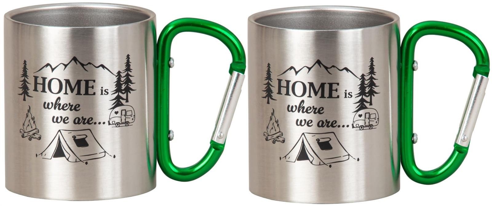Geschenkestadl Becher 2 Metallbecher mit Karabiner, Camping, Wanderbecher mehrere Designs, Karabinerhaken Karabinergriff