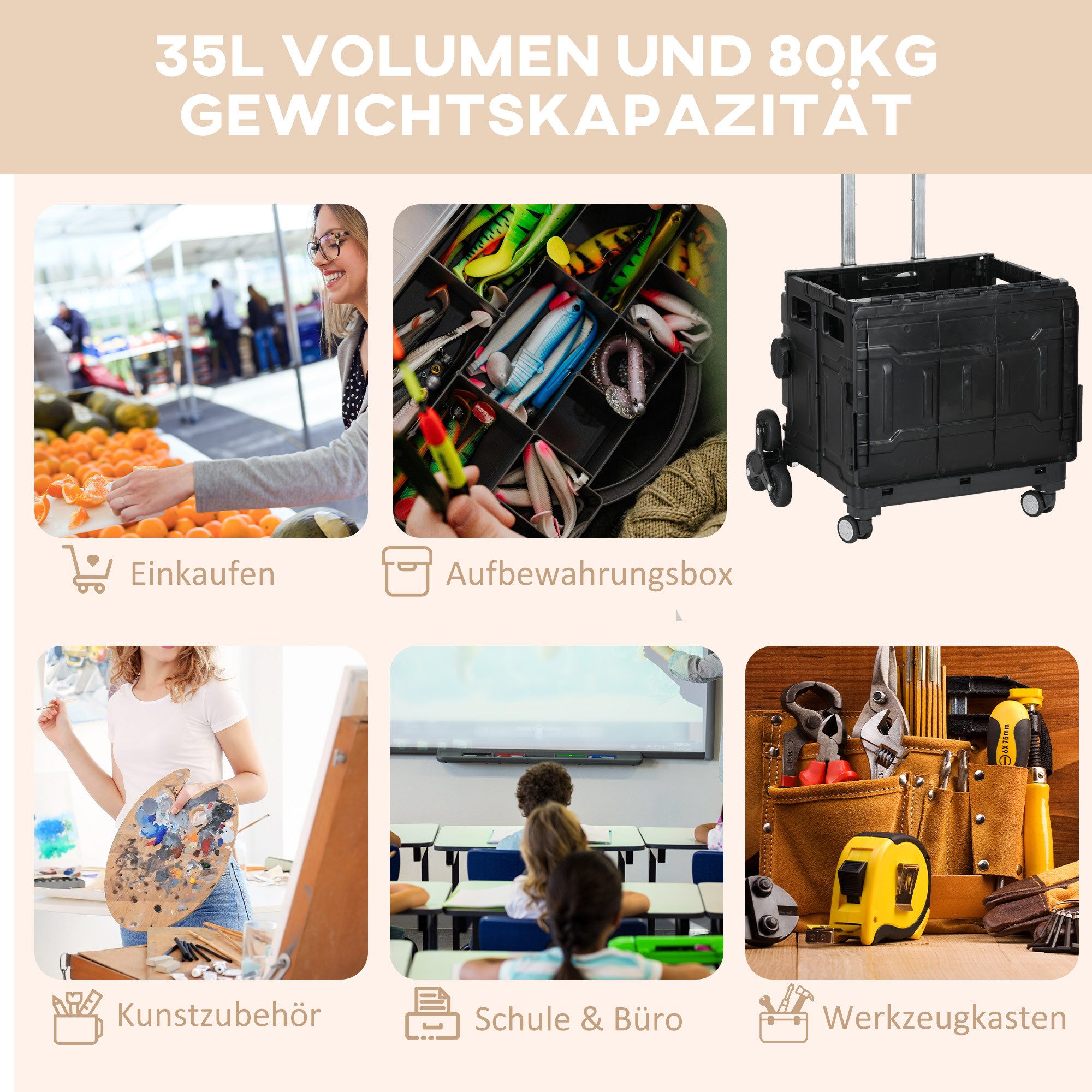 HOMCOM Einkaufstrolley klappbar Treppensteiger bis 80 kg aus Aluminium, 51 l, für Büro, Speicher, Schule, Schwarz – Bild 5 von 5