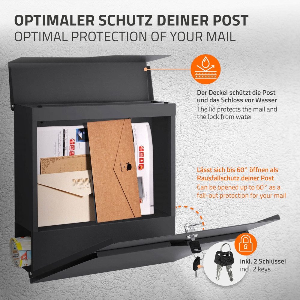 ML-DESIGN Briefkasten Postkasten mit Zeitungsfach, abschließbar 2 Schlüssel, Wandmontage, Mailbox Wandbriefkasten mit Zeitungsrolle für Wandmontage