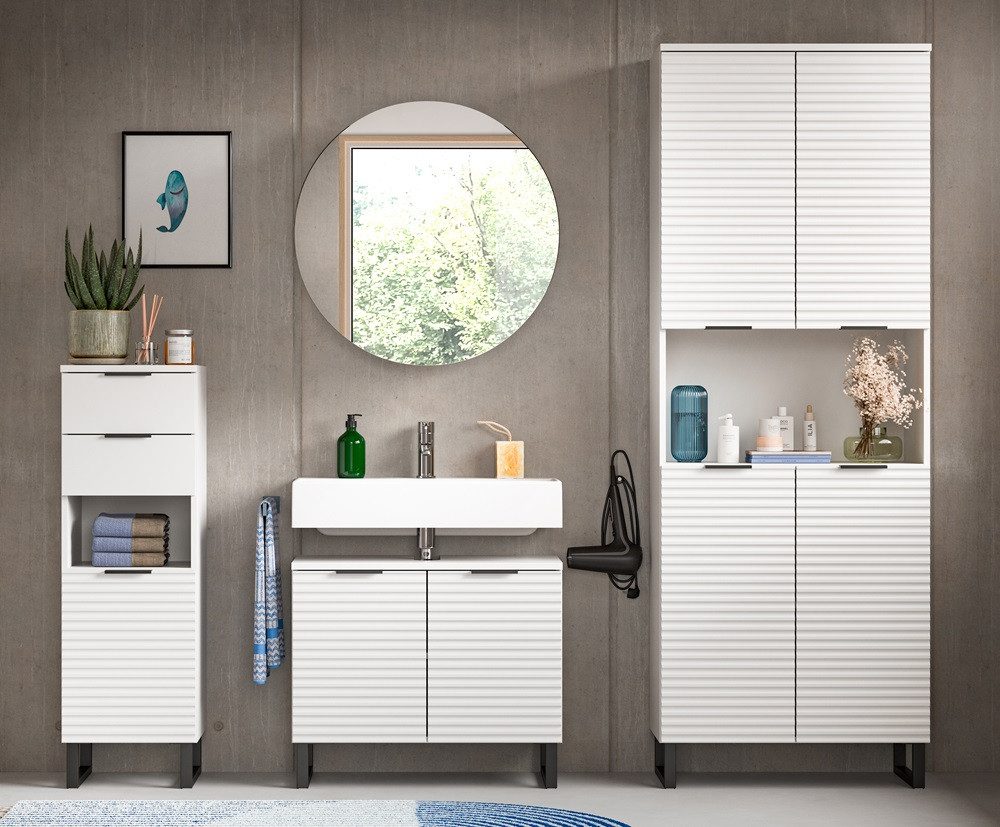 xonox.home Badmöbel-Set Badezimmer Set Riff, 4-teilig, weiß ohne Aufsatzleuchte, (4-St), hochwertige Rillenoptik mit Kufenfuß