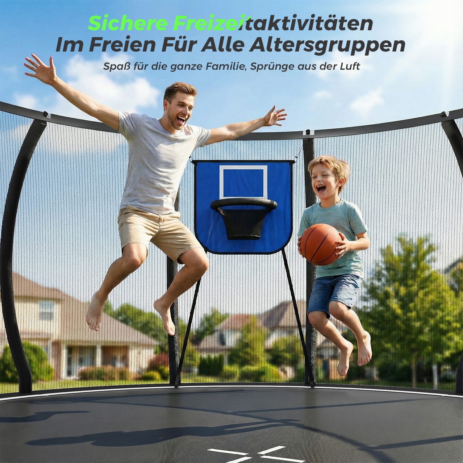 HOMALL Gartentrampolin Basketballkorb-Trampoline, Outdoor-Trampoline, Kindertrampoline, Ø 366 cm, (228/305/366/427 cm, komplett mit Basketball, Pumpe, Sicherheitsnetz, Leiter und 360°-Geländer, maximale Belastbarkeit 150 kg)