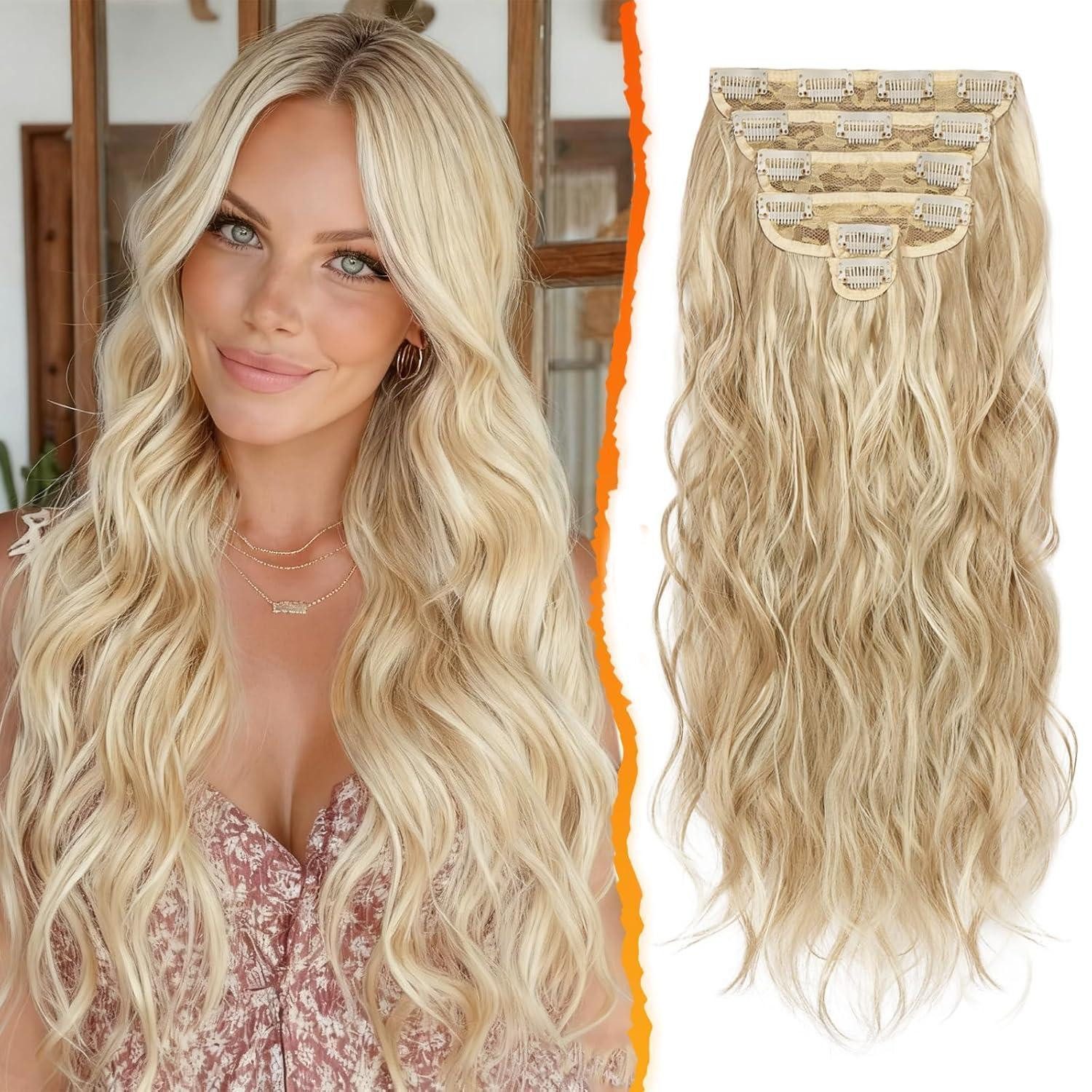 LuxusKollektion Kunsthaar-Extension Clip in Haarverlängerung 50CM Wellig Blond 6PCs Haarteil Synthetisch
