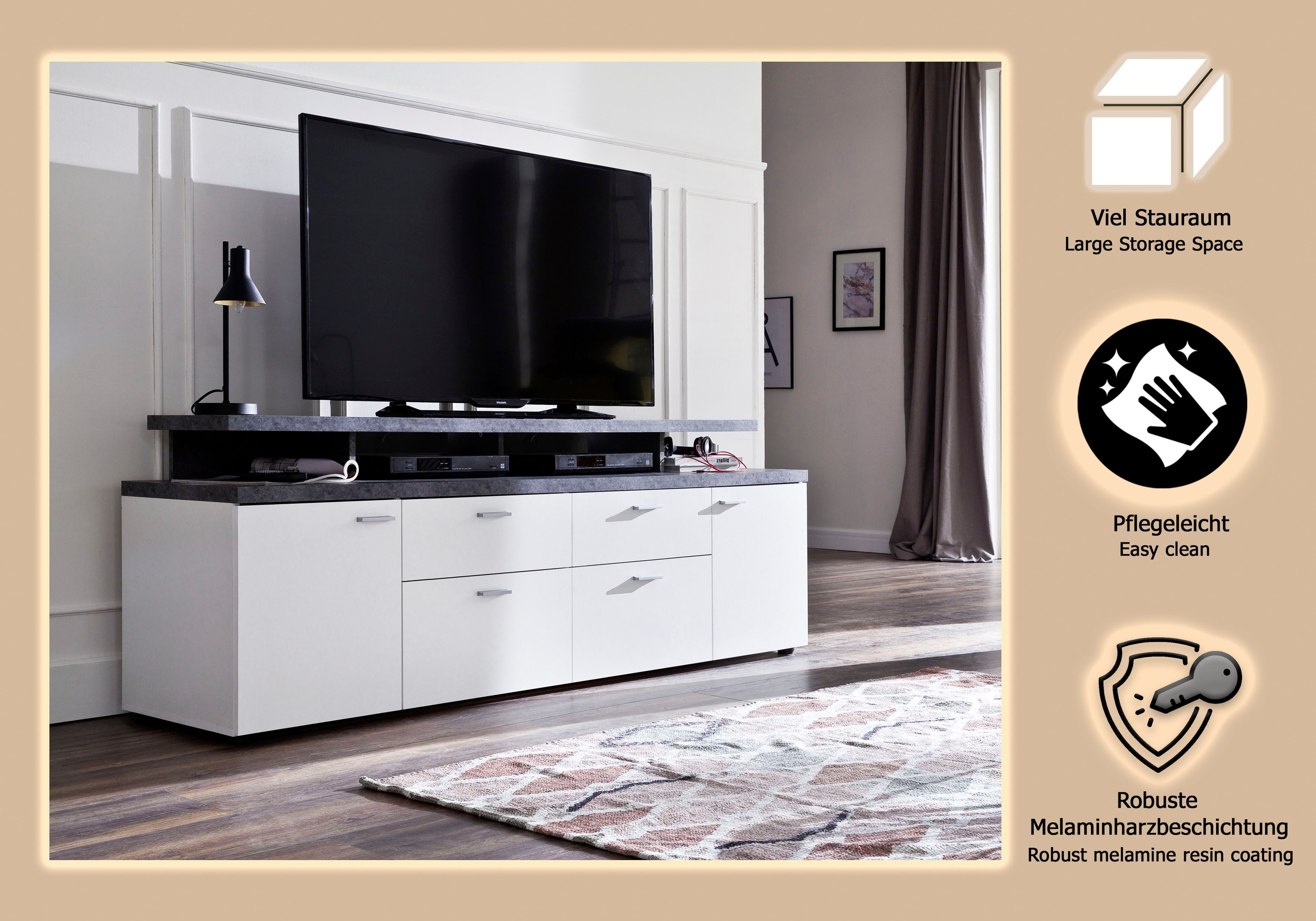 Home affaire TV-Board Messina (1 St), TV-Lowboard mit Türen, Schubladen & Fächern - (B/T/H) 180/47/66 cm – Bild 3 von 5