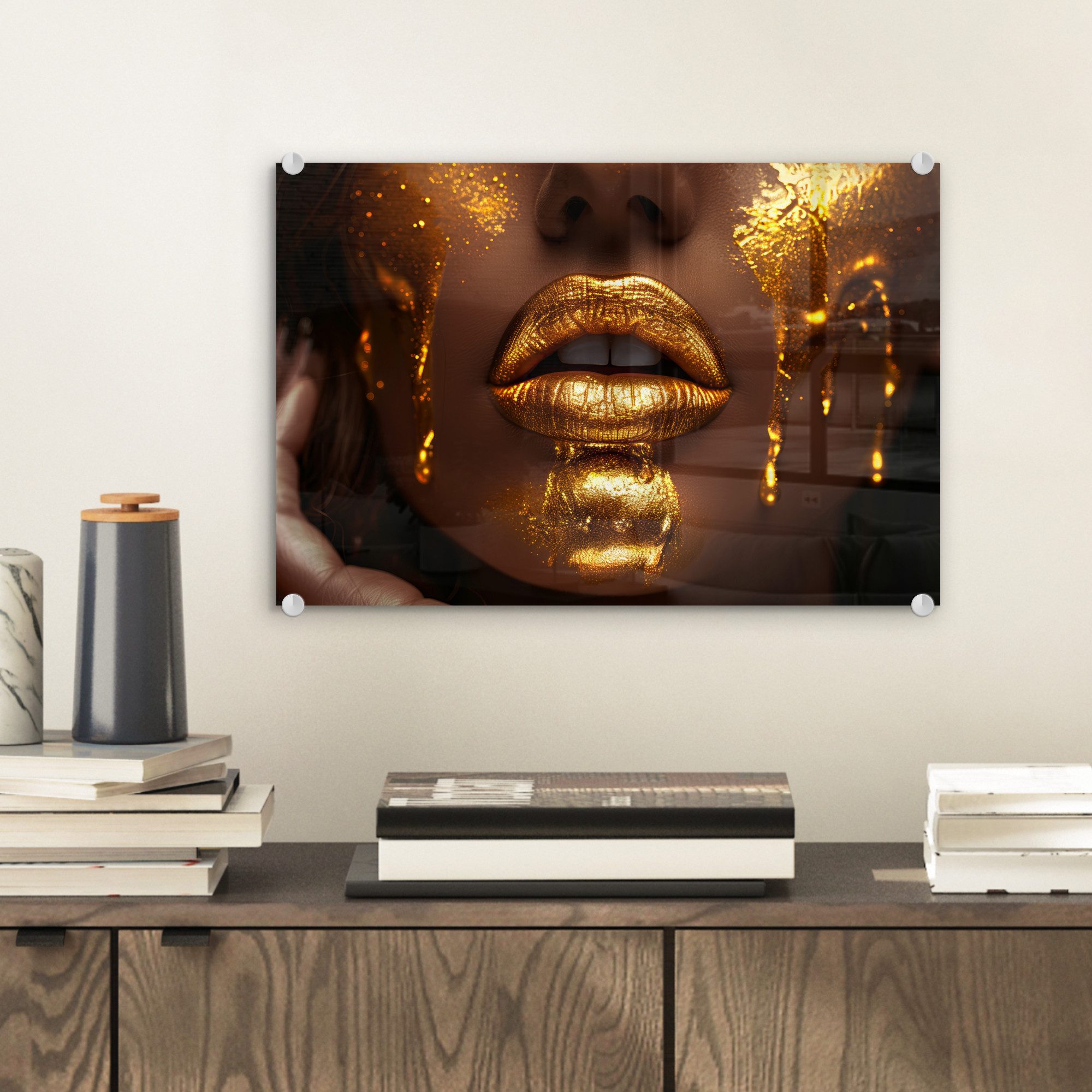 MuchoWow Acrylglasbild Frau - Gold - Gesicht - Farbe - Lippen, Inkl. Aufhän günstig online kaufen