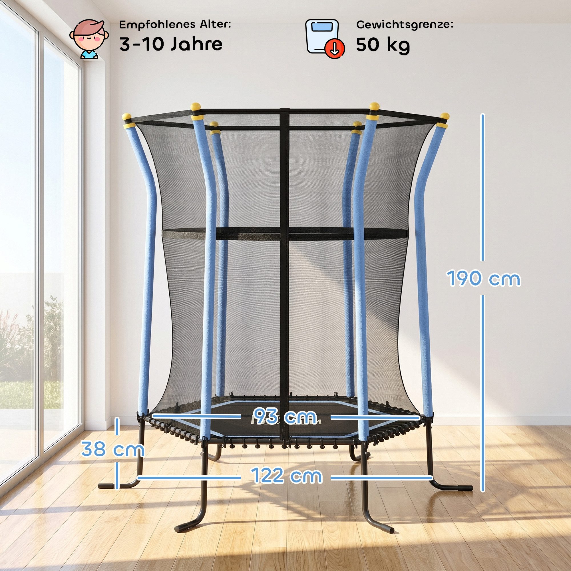 HOMCOM Kindertrampolin mit Sicherheitsnetz, Randabdeckung, Gummiseil, Ø 111 cm, (Indoor Trampolin, 1 tlg., Trampolin), bis 50 kg, für Kinder 3-10 Jahre Blau