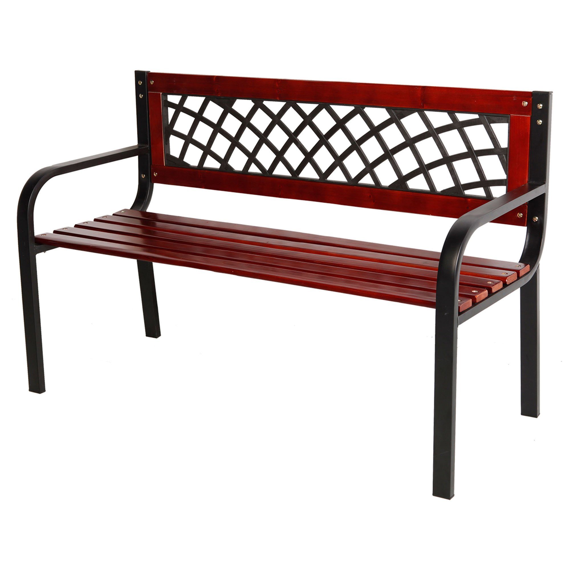 Trendyshop365 Metall, mit Holz Gartenbank dunkel 2-Sitzer Wetterfest lackierter Armlehnen Sitzbank aus und