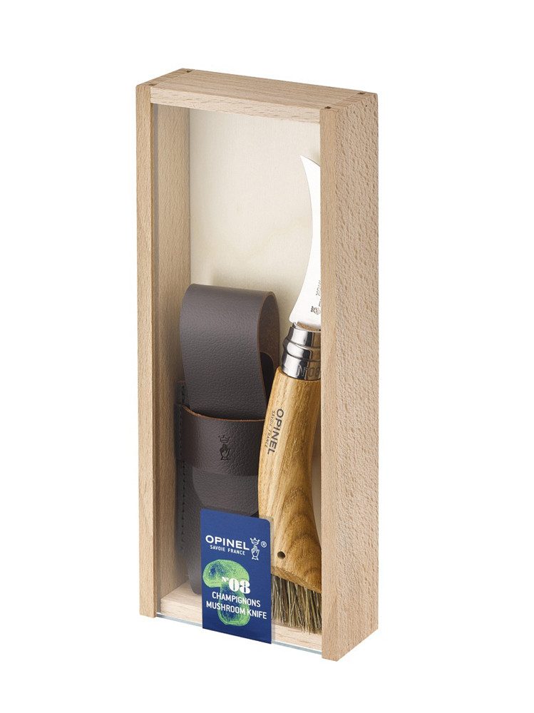 Opinel Taschenmesser mit Bürste, Sandvik 12C27-Stahl, rostfrei, Eichenholz-Griff, (mit Wildschweinborsten, in Holzgeschenkbox), Opinel Pilzmesser, rostfrei, Eichenholz, mit Etui