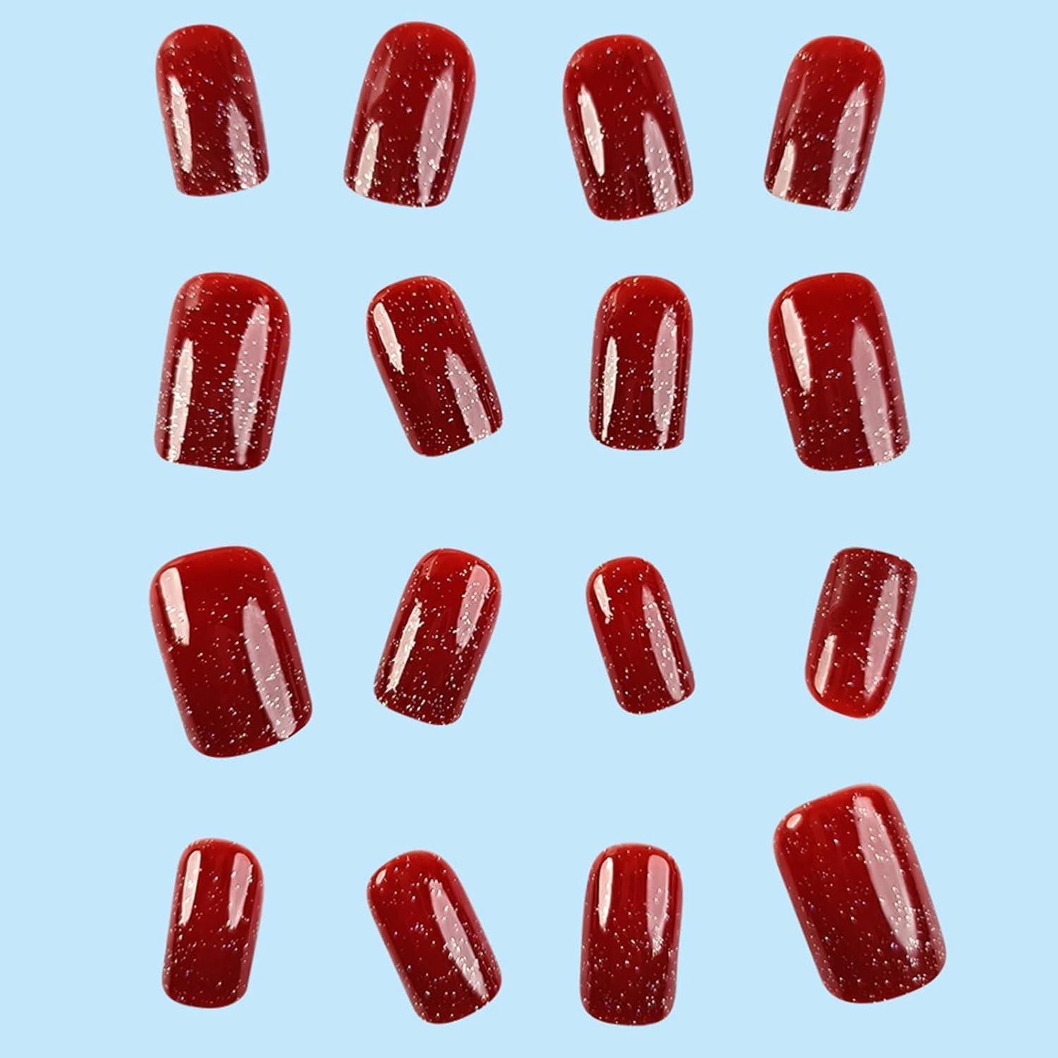 LuxusKollektion Kunstfingernägel Künstliche Nägel Selbstklebend Kurz Square French 24 Glitzer Kirschrot