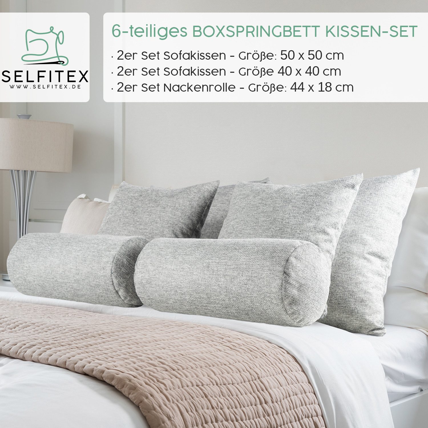 Selfitex Sofakissen 6-tlg. Kissen Set, 2x großes Kissen/2x kleines Kissen/2x Nackenrolle, (6er Set, 2x 60x80 cm, 2x 50x50 cm, 2x 19x65 cm), für Sofa, Couch, Bett oder als Polster jeglicher Art