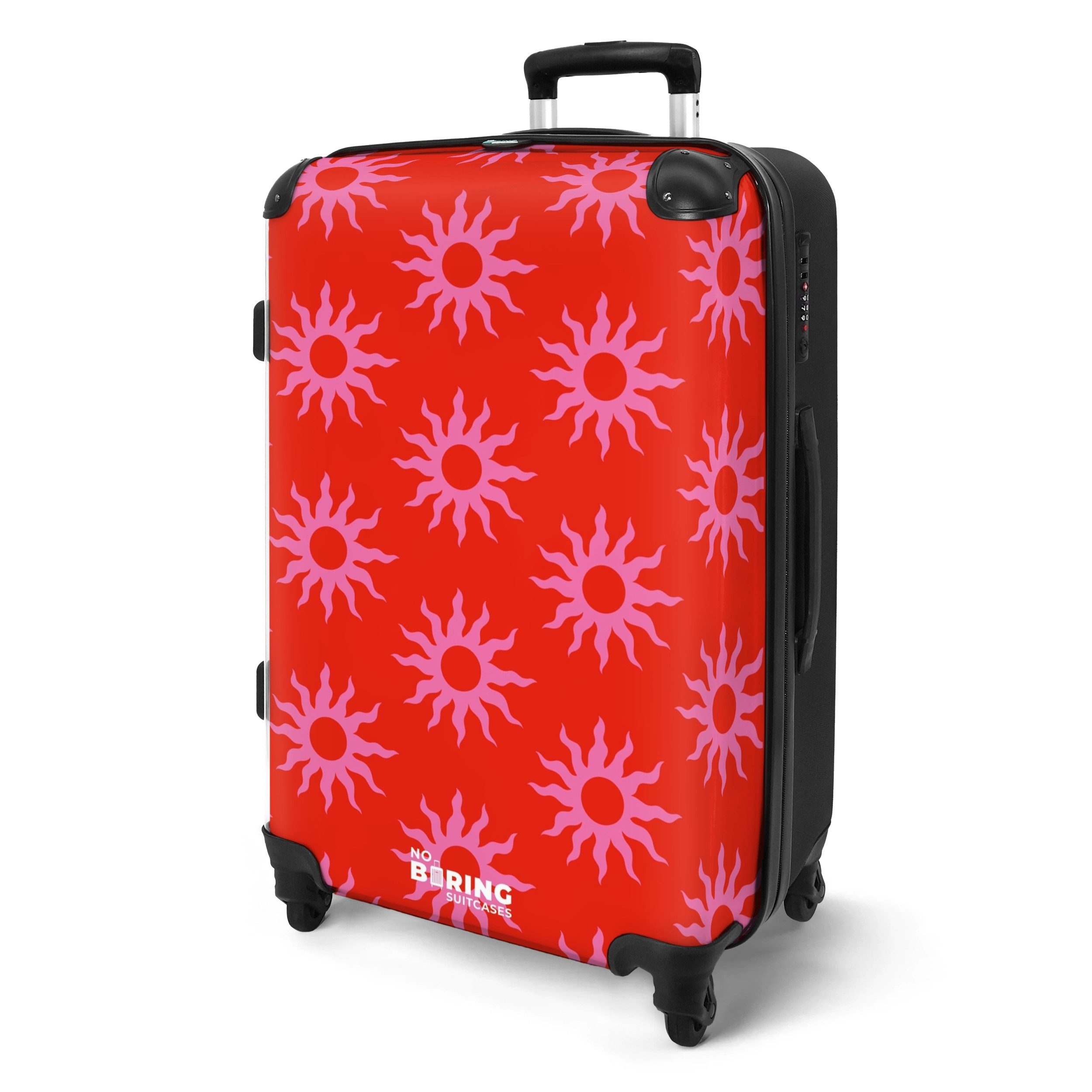 NoBoringSuitcases.com© Hartschalen-Trolley Rot mit rosa Sonnen günstig online kaufen