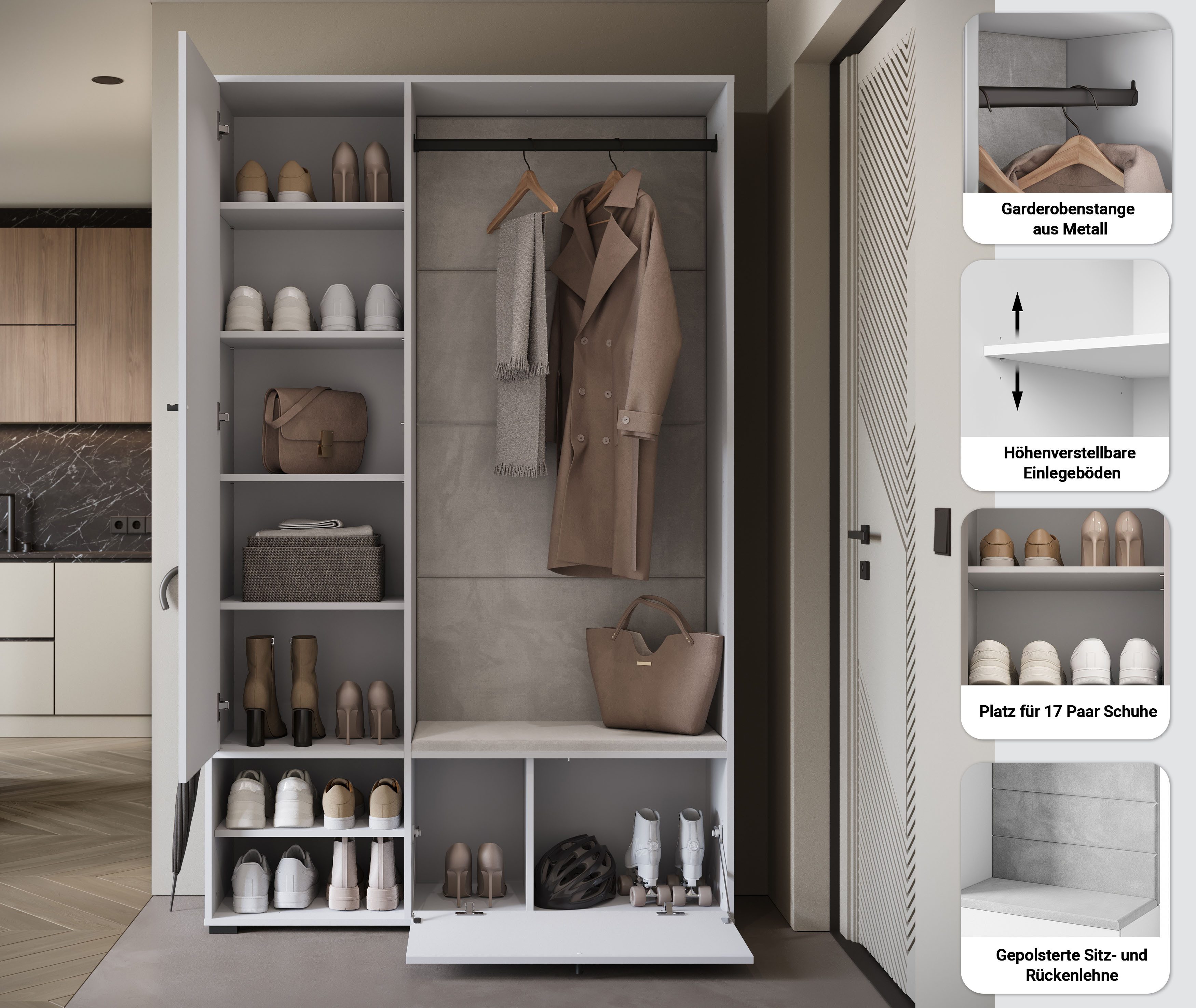 Home affaire Garderoben-Set Garderobe mit Spiegel, Sitzbank und Kleiderstange, (1-St), Schuhschrank mit viel Stauraum und verstellbaren Einlegeböden – Bild 3 von 5