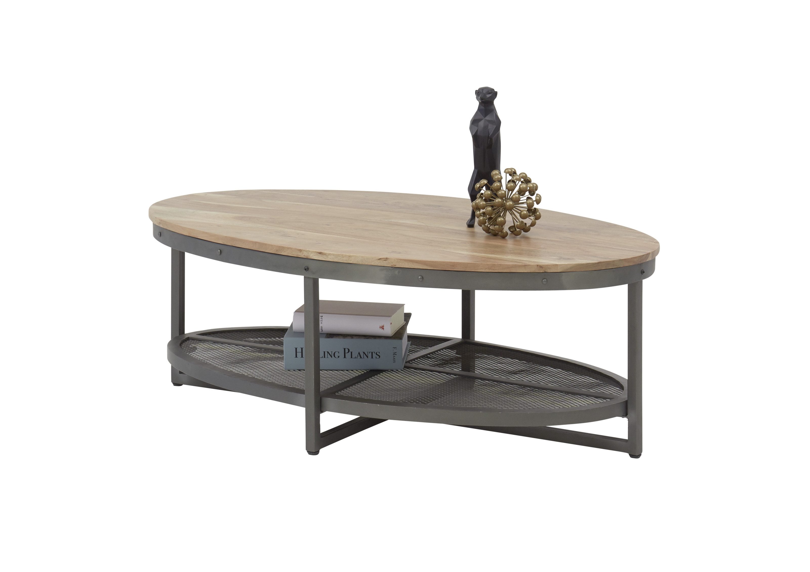 Couchtisch Akazie massiv / Metall schwarz / Gitterablage - 121x44x71cm (BxHxT)