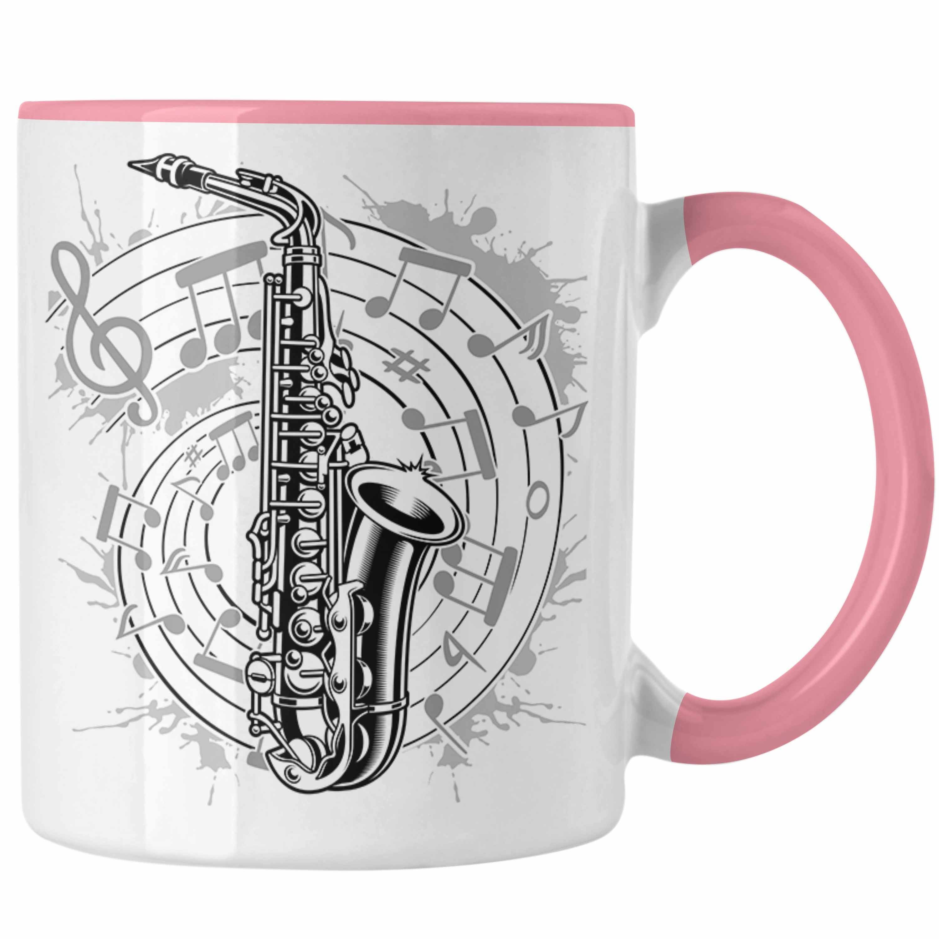 Trendation Tasse Saxophon Musik Noten Jazz Musikinstrument Saxophon-Spieler Tasse Rosa