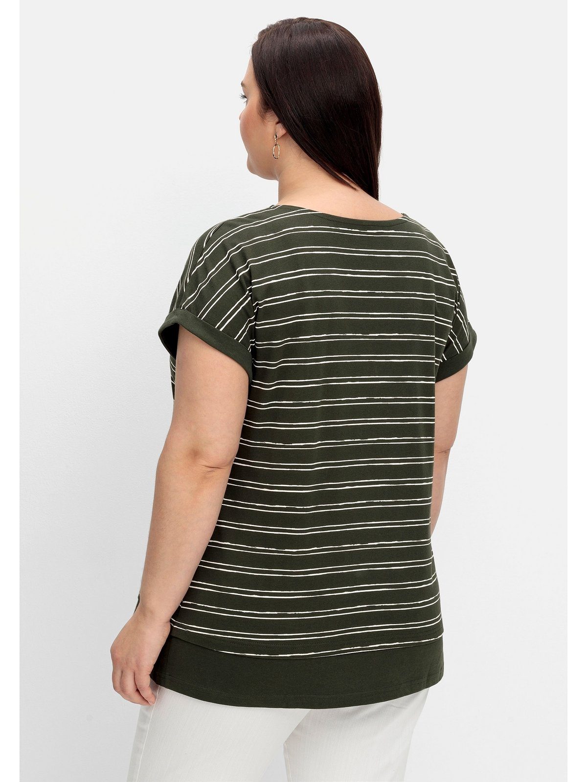 T-Shirt reiner Größen dunkeloliv gestreift Sheego Baumwolle Große aus Lagenlook, im
