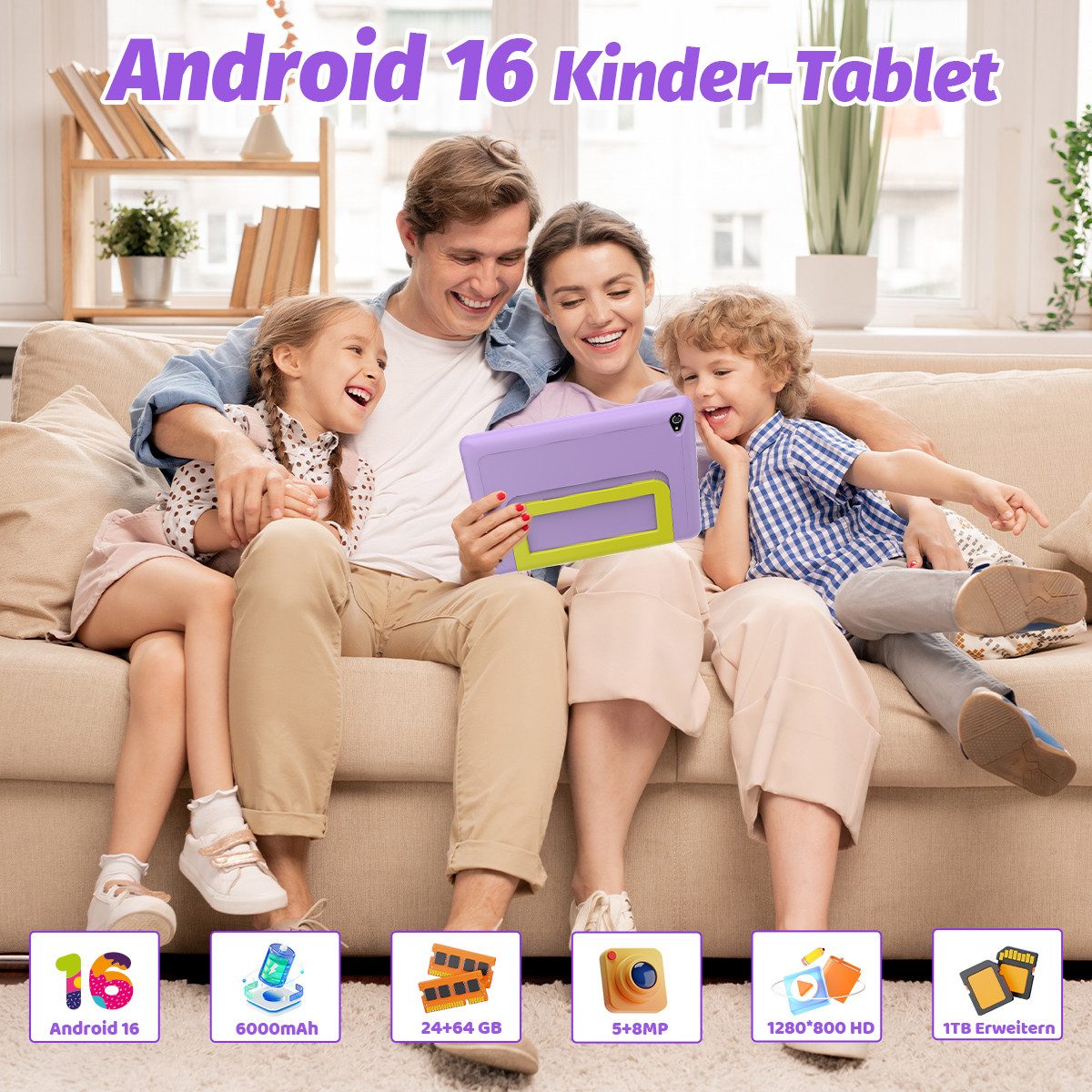 Happybe 10 Zoll 64GB/128GB Android 16 mit Hülle Kindersicherung WLAN Kinder Tablet (10.1", 64 GB, Android, 24(3+21)GB RAM, 6000 mAh)
