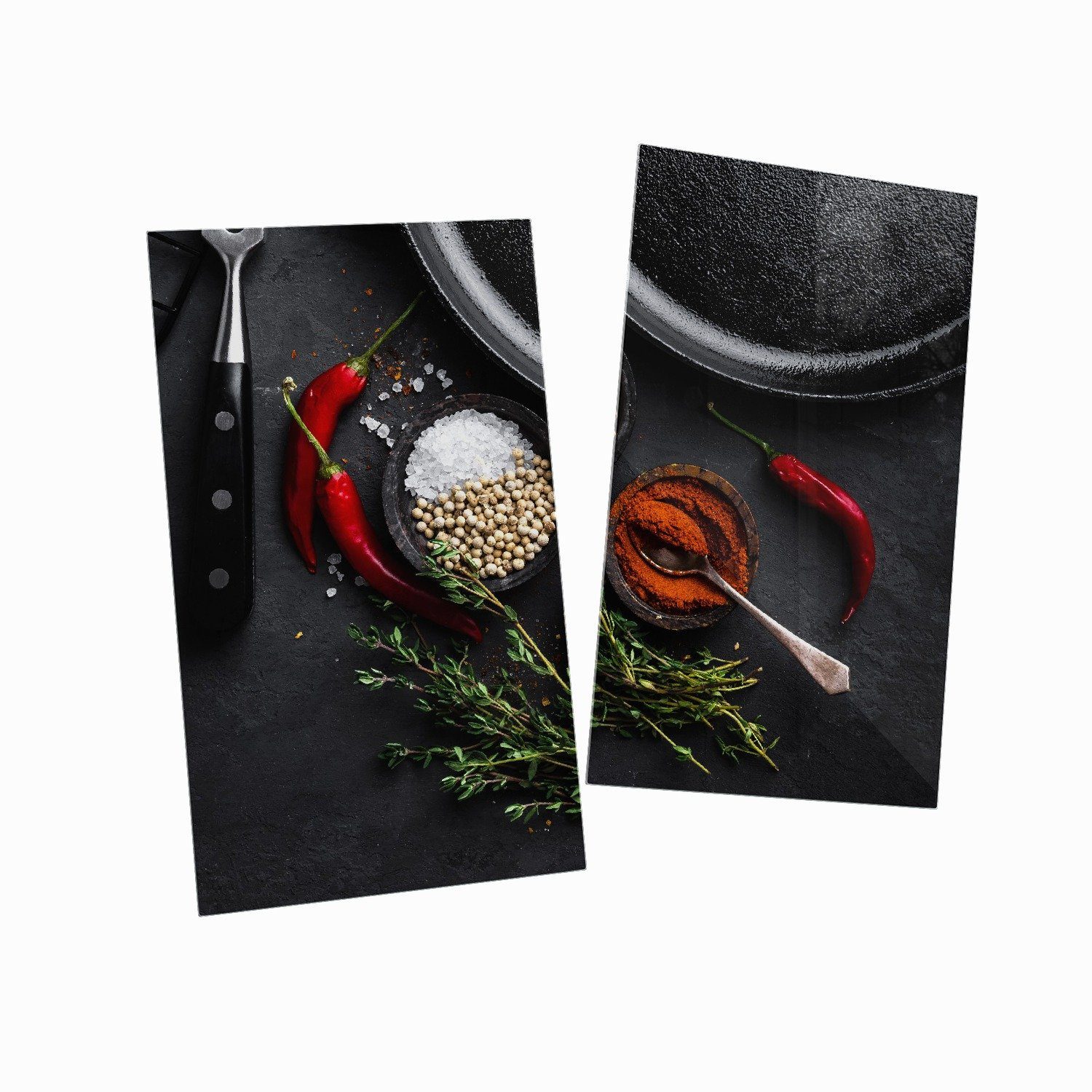 Wallario Herd-Abdeckplatte Chili und Pfeffer - Gewürze neben einer Eisenpfanne, ESG-Sicherheitsglas, (Glasplatte, 2 tlg., inkl. 5mm Noppen), verschiedene Größen