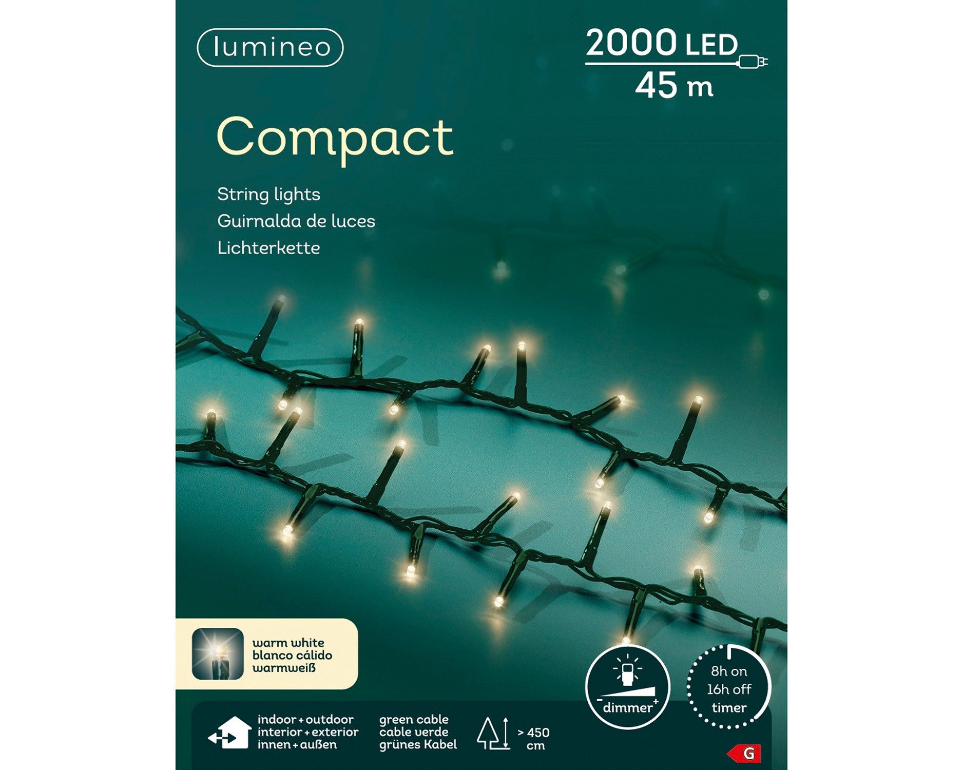 Lumineo LED-Lichterkette Lumineo Lichterkette COMPACT 2000 LED 45 m warm weiß, grünes Kabel, Indoor/Outdoor, dimmbar, 8h-Timer, 5 m Zuleitung
