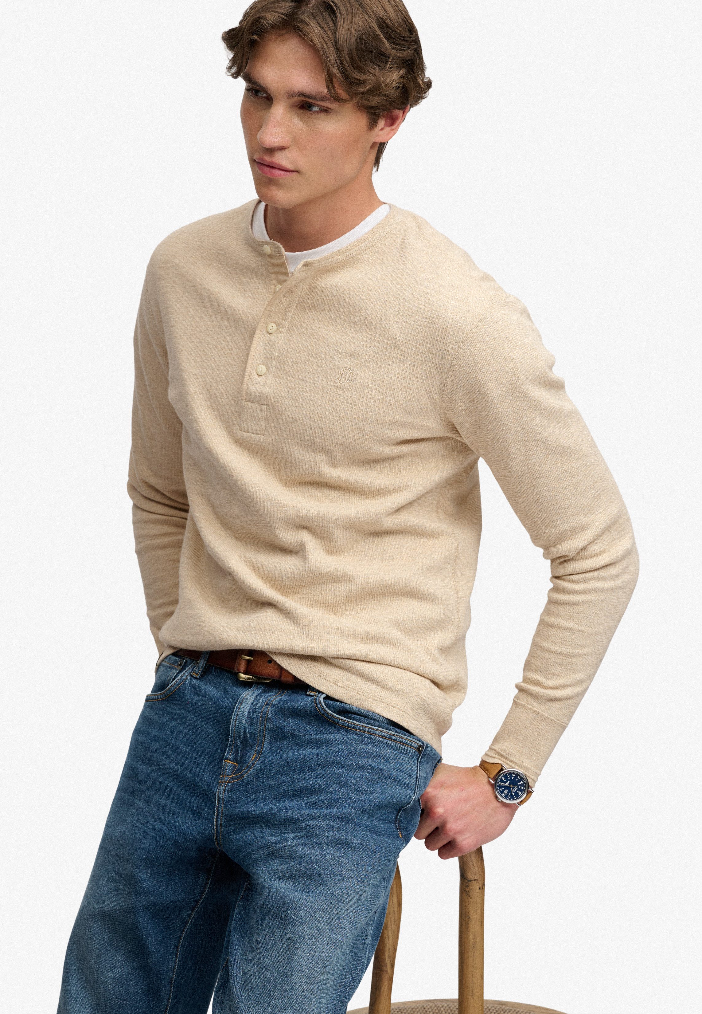 Superdry Langarmshirt MINI SLUB WAFFLE LS GRANDAD lockere Passform, mit Rundhalsausschnitt, aus Baumwolle