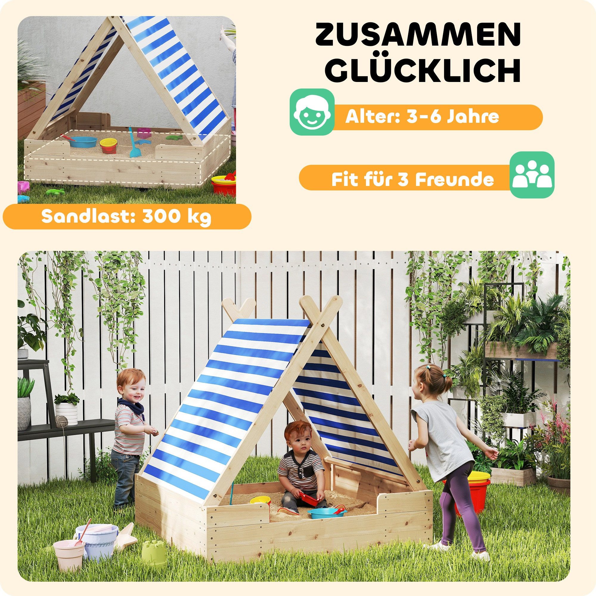 AIYAPLAY Sandkasten Sandkiste für Kinder, (mit wetterfestem Zeltdach, 1-tlg., für 3 Kinder im Alter von 3-6 Jahren), 120 x 120 x 126,5 cm, Tannenholz