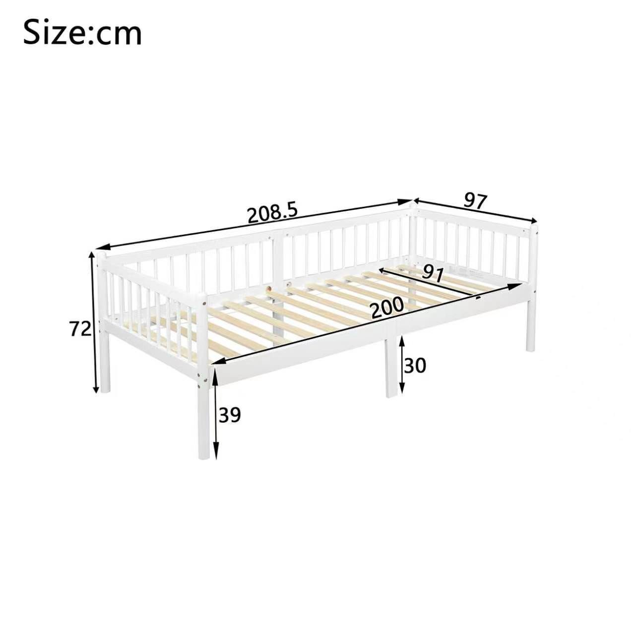Celya Holzbett Schlafsofa 90 x 200 cm mit 3-seitigem Geländer und 14 Stützlatten (ohne Matratze, 2-in-1-Design, mit Stauraum unter dem Bett), Ideal für für Kinder-, Jugend- oder Gästezimmer