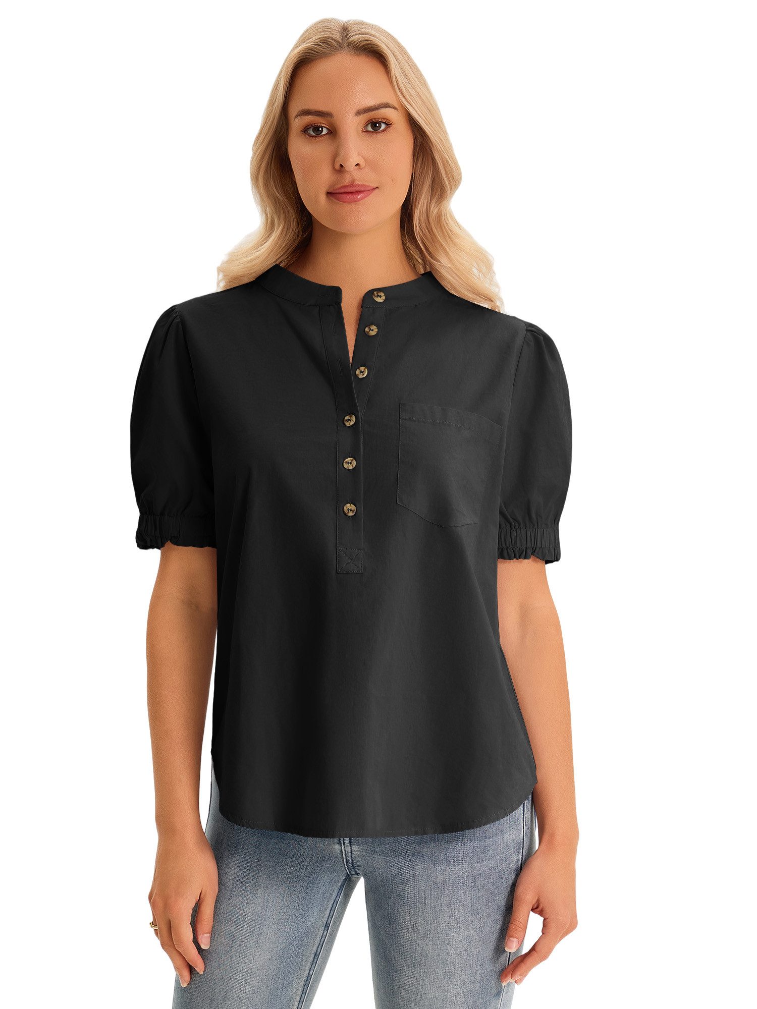 Imily Bela Kurzarmbluse Damen Puff Kurzarm-Hemden mit Knopfleiste (Packung, 1-tlg., 1per-Pack) einfarbig