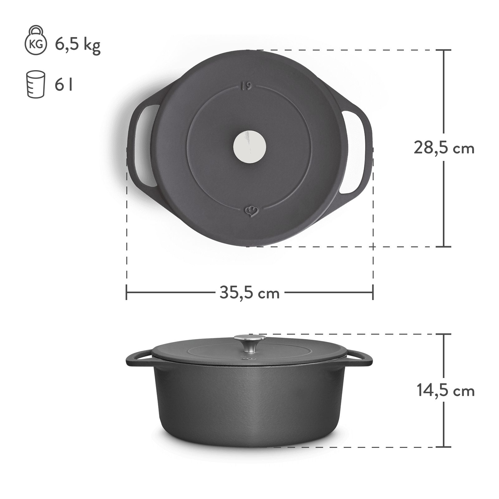 Springlane Bräter Cocotte Grau mit Deckel, Gusseisen, 6 L, Ø 28cm, Rund, Gusseisen, Ideale Feuchtigkeitsverteilung durch Tropfenstruktur