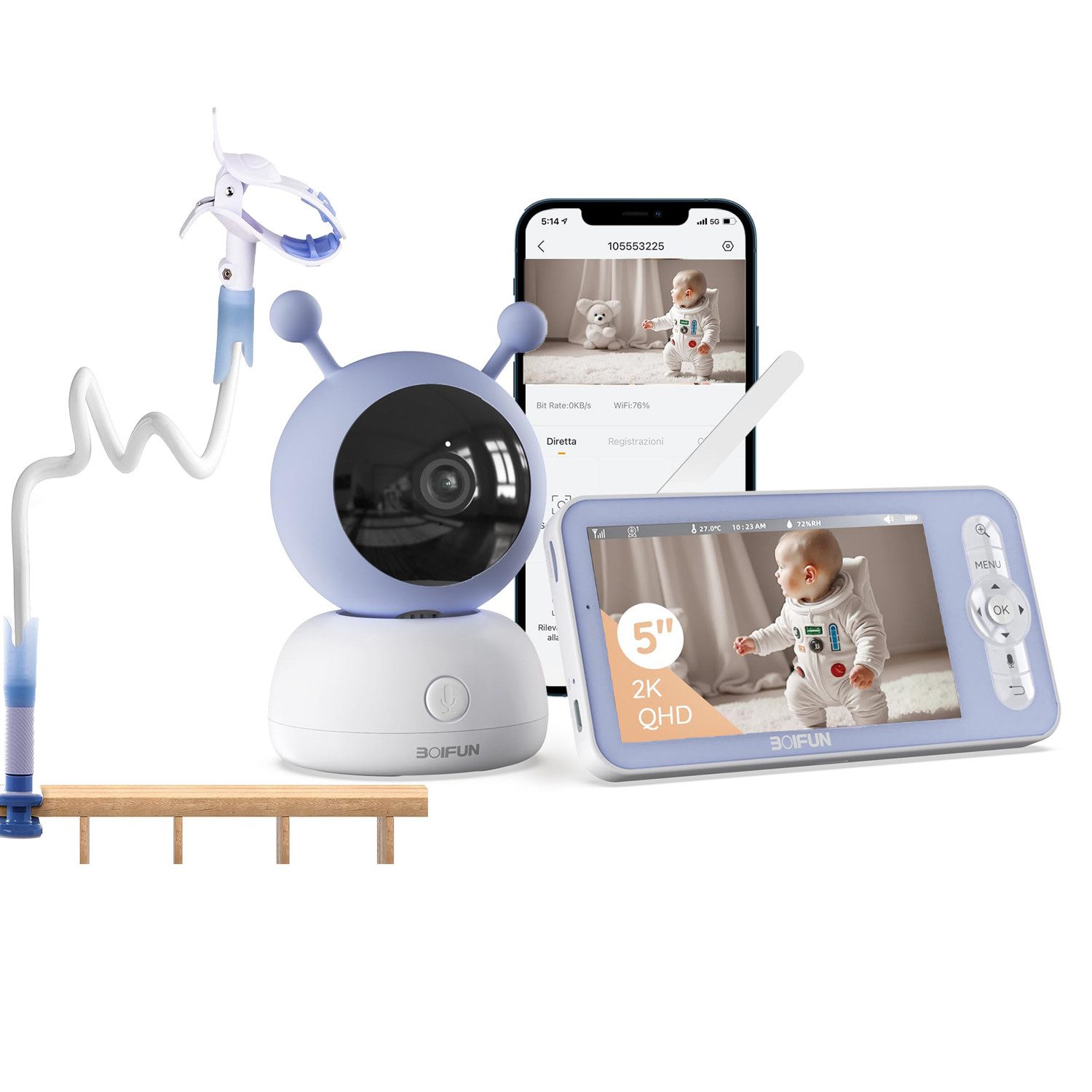 Video-Babyphone Babyphone mit Kamera 5 Zoll, 1080P HD-Video Babyphone PTZ