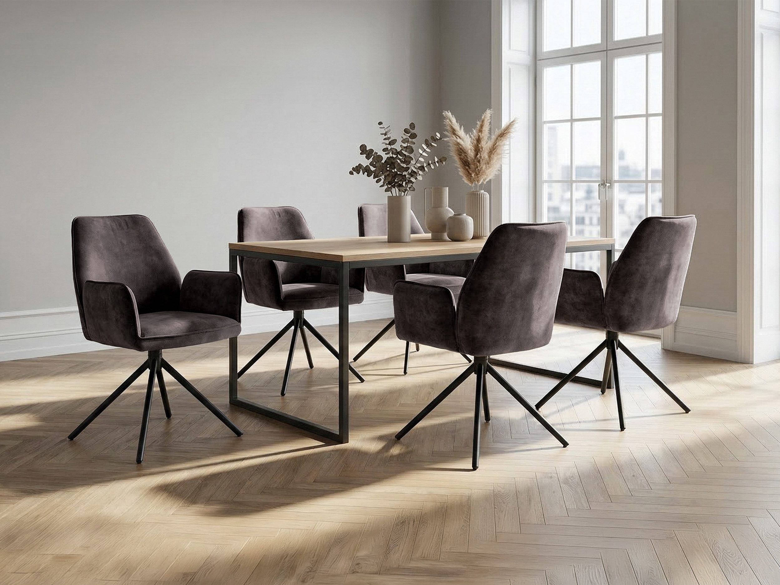 Massivart® Polsterstuhl drehbar, Esszimmerstuhl mit Armlehnen, »Ottawa«, Velouroptik • Metallgestell schwarz • mit Nivellierung