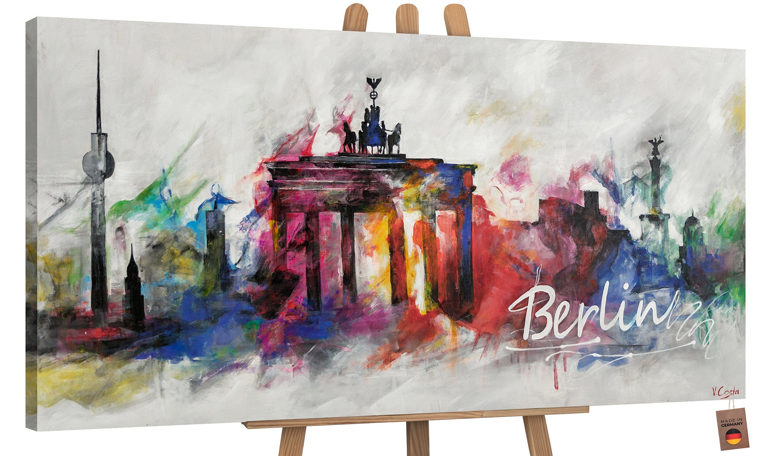 YS-Art Gemälde Berlin, Architektur, Leinwandbild Skyline Berlin Bunt Ohne Schattenfugenrahmen