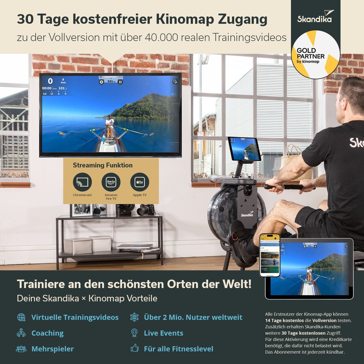 Skandika Rudergerät Mora mit Matte, Wasser Rudergerät für Zuhause, mit Wasserwiderstand (mit Bodenschutzmatte), KinomapApp kompatibel, Bluetooth, Computer, Tablet Halterung, 90° Tank