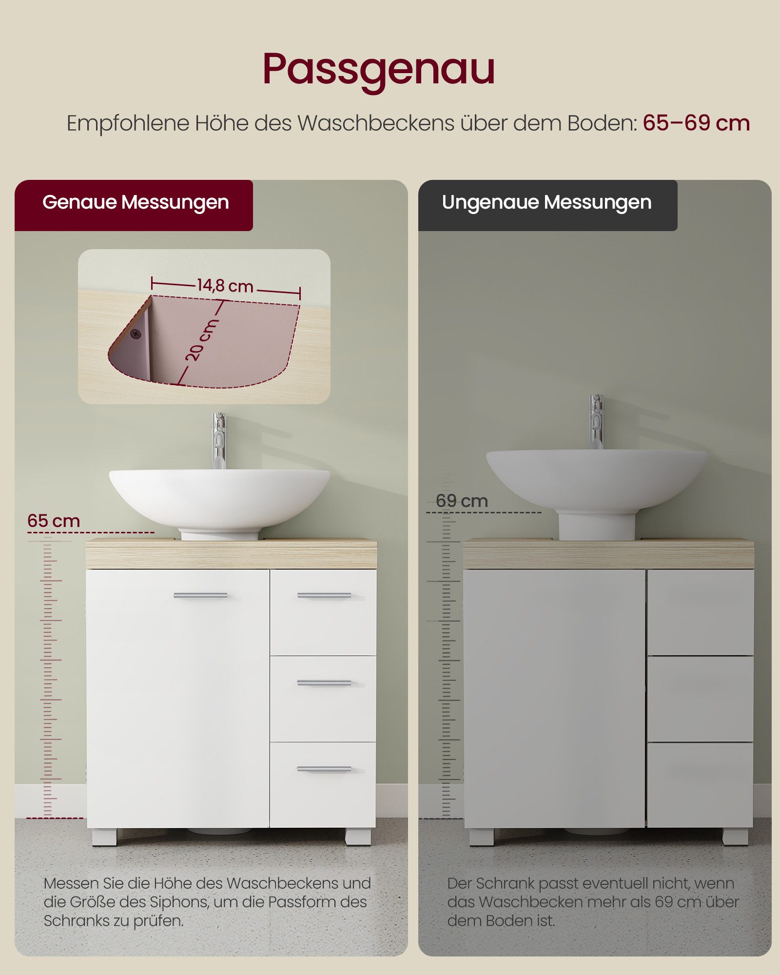 VASAGLE Waschbeckenunterschrank Badezimmerschrank Badschrank mit 3 großen Schubladen, 2 Fächer hinter der Tür, 60 x 30 x 63,8 cm – Bild 5 von 5