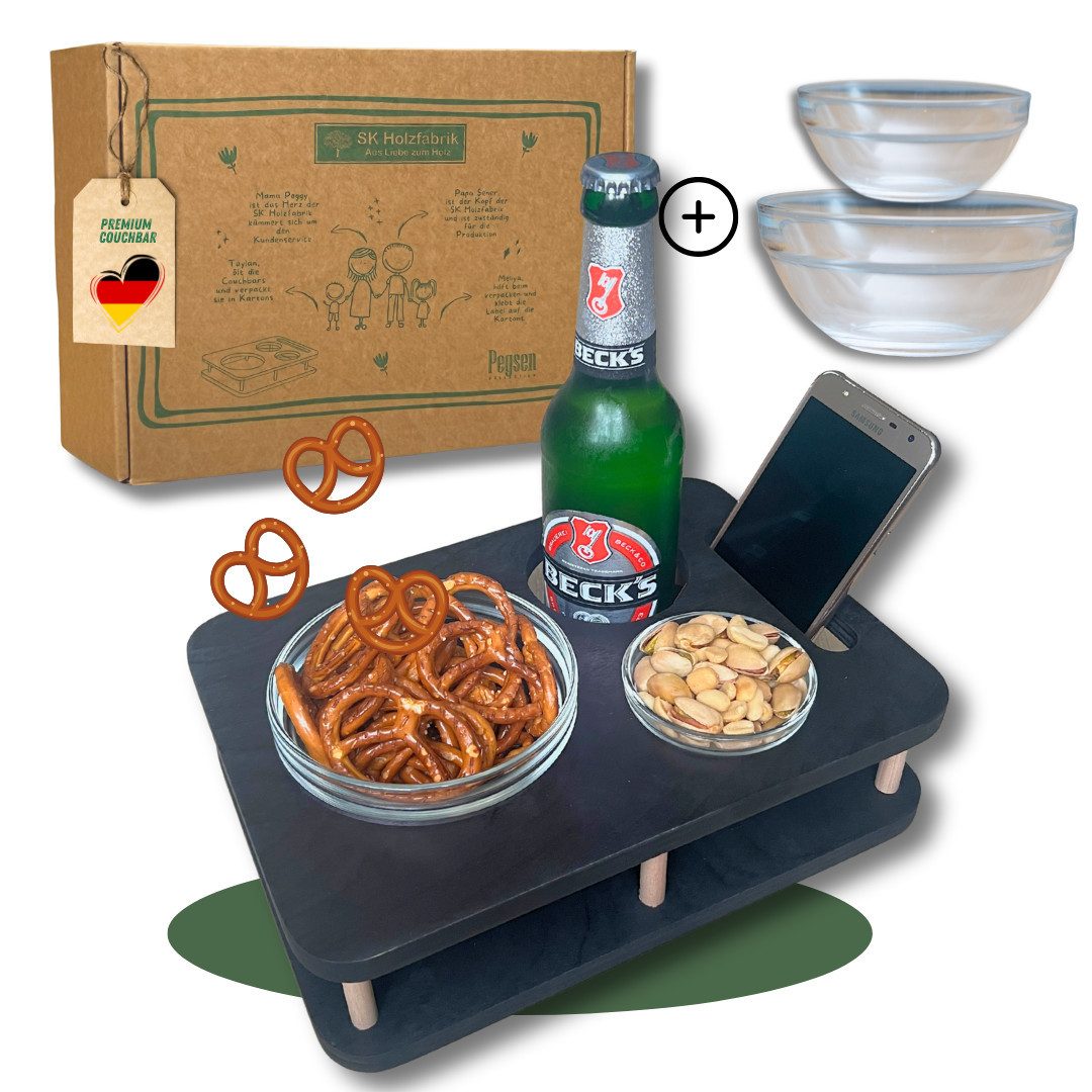 PEGSEN Tablett Couchbar Snackbox YOLO mit 2 Snackschalen Sofatablett, Multiplex Birkenholz, (Set, 3-tlg., Couchbar + 2 lebensmittelechte Glasschalen), alles steht sicher & stabil, vielseitig nutzbar, ideal für Sofa & Bett