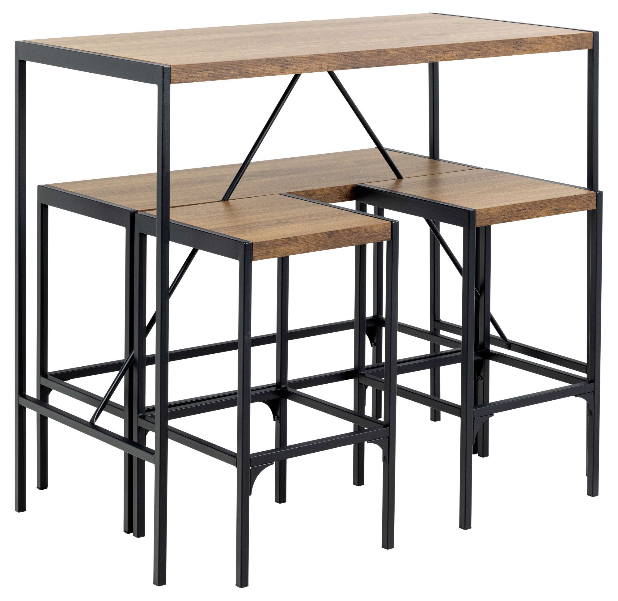 ACTONA GROUP Bar-Set Bahamas Bartisch Satz, Küchentisch, Stehtisch, (Set, 4-St), Eichenoptik, schwarze Stahlbeine, Bank und 2 Hocker, Fußstütze