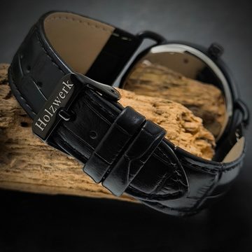 Holzwerk Quarzuhr FICHTENAU Leder & Edelstahl Armbanduhr, Baumblatt, schwarz, oliv grün