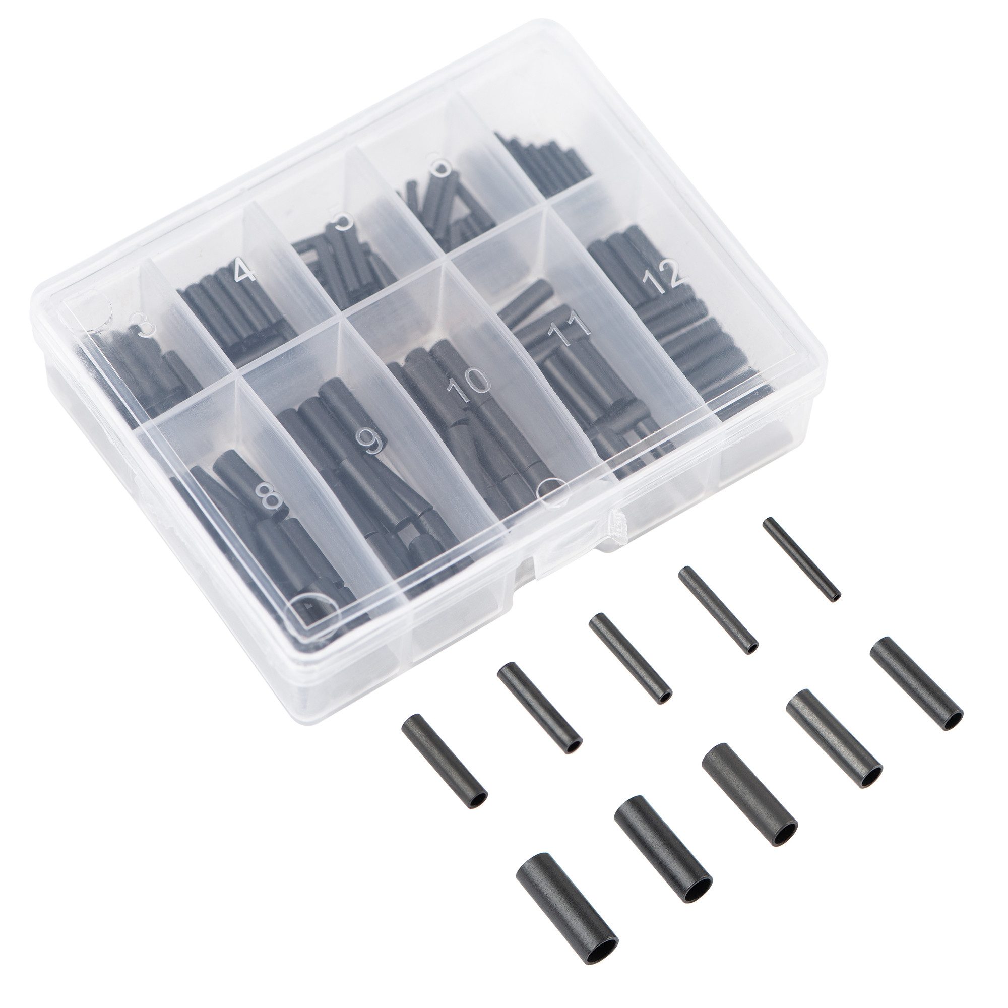 Quetschhülse Set 10 Gr. 150 STK Klemmhülsen Schwarz in Box Angeln Vorfachmaterial