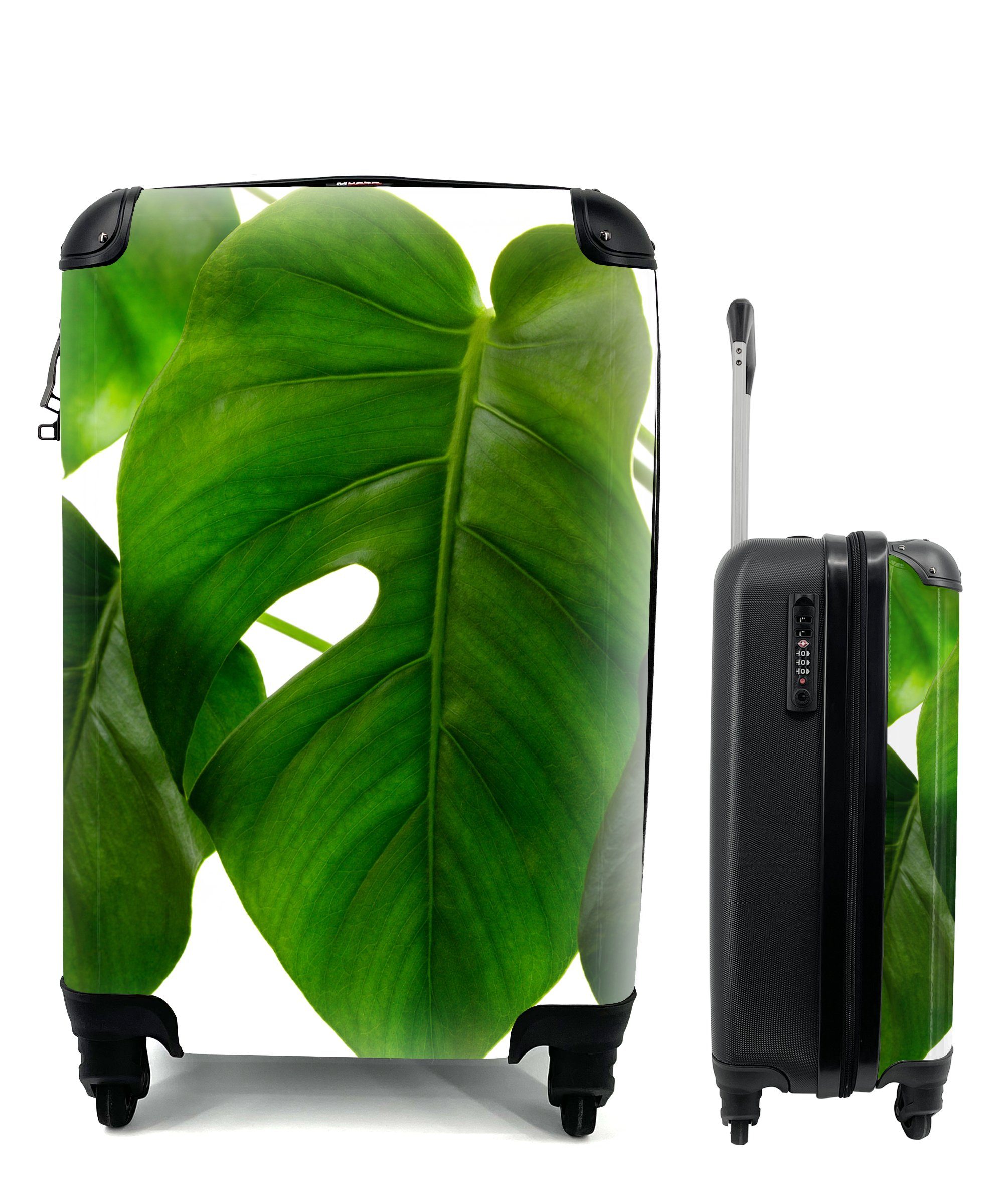 MuchoWow Handgepäckkoffer Ein grünes auf rollen, Rollen, und für weißem Ferien, 4 Reisetasche Reisekoffer Handgepäck botanisches Trolley, Blatt Hintergrund, mit